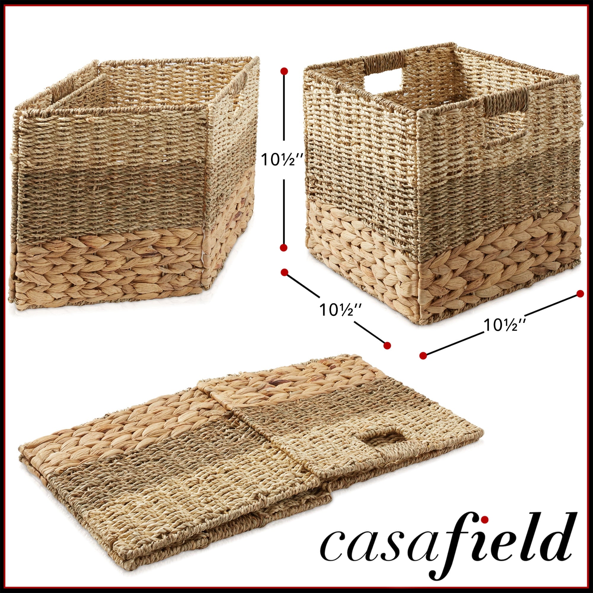 10.5" x 10.5" Water Hyacinth Storage Baskets, Natural - Set of 2 Collapsible Cube Organizers, Woven Bins for Bathroom, Bedroom, Laundry, Pantry, Shelves