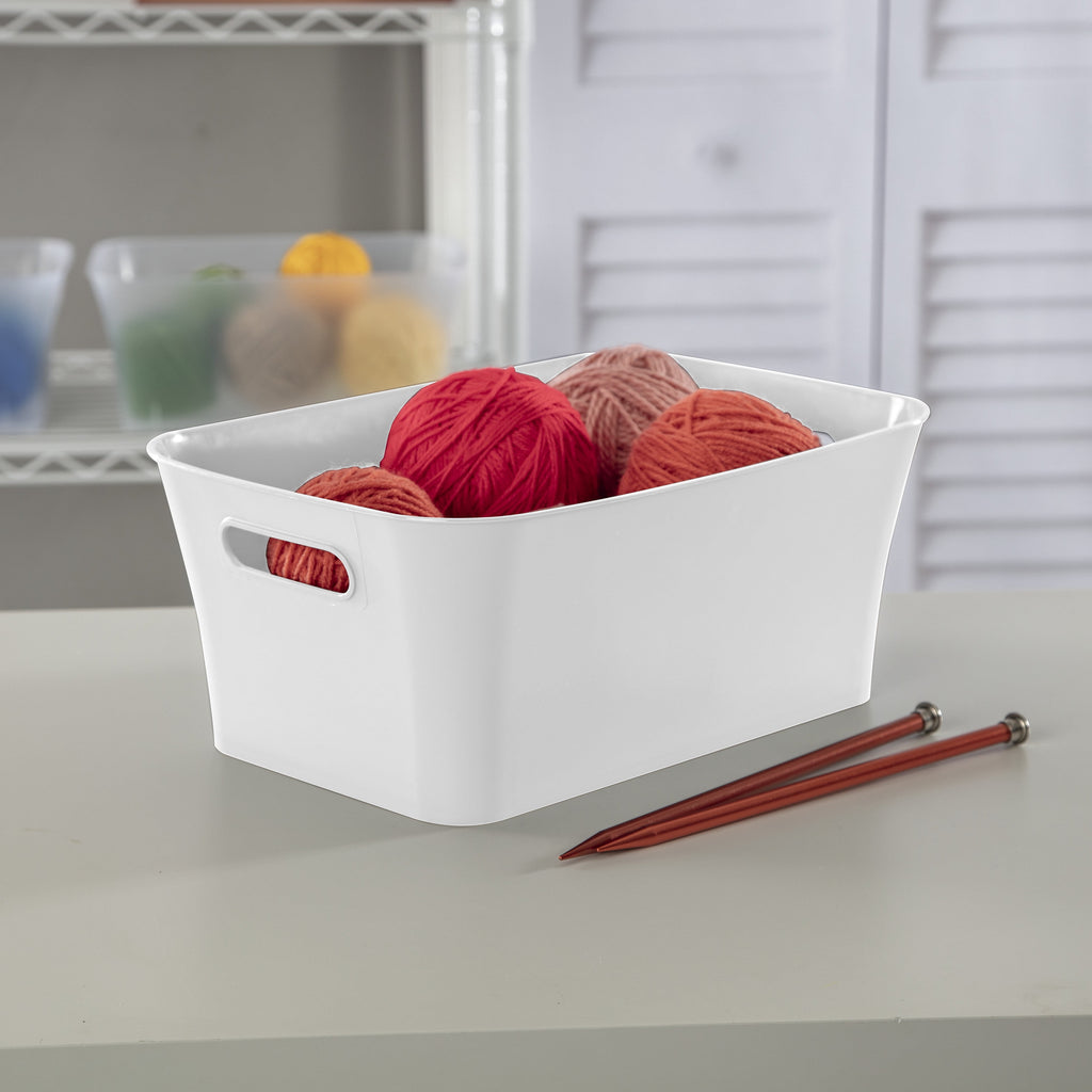 Medium White Plastic Storage Bin, 13.8 in x 9.5 in x 5.8 in