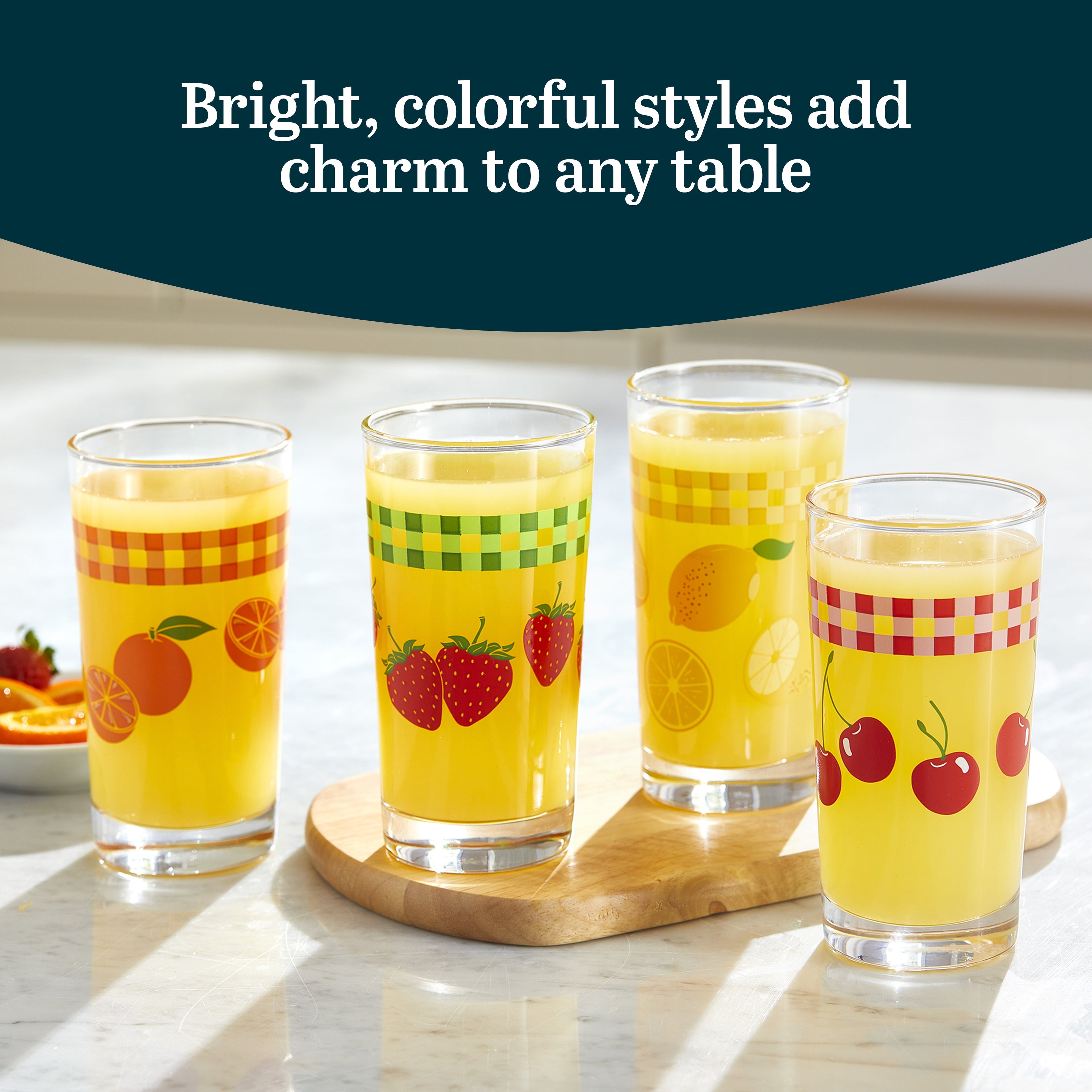 Vintage Juice Drinking Glasses Set of 4, Colorful, Retro Fruit Design Glass Cups Set, Water Glasses Set for Everyday Beverages