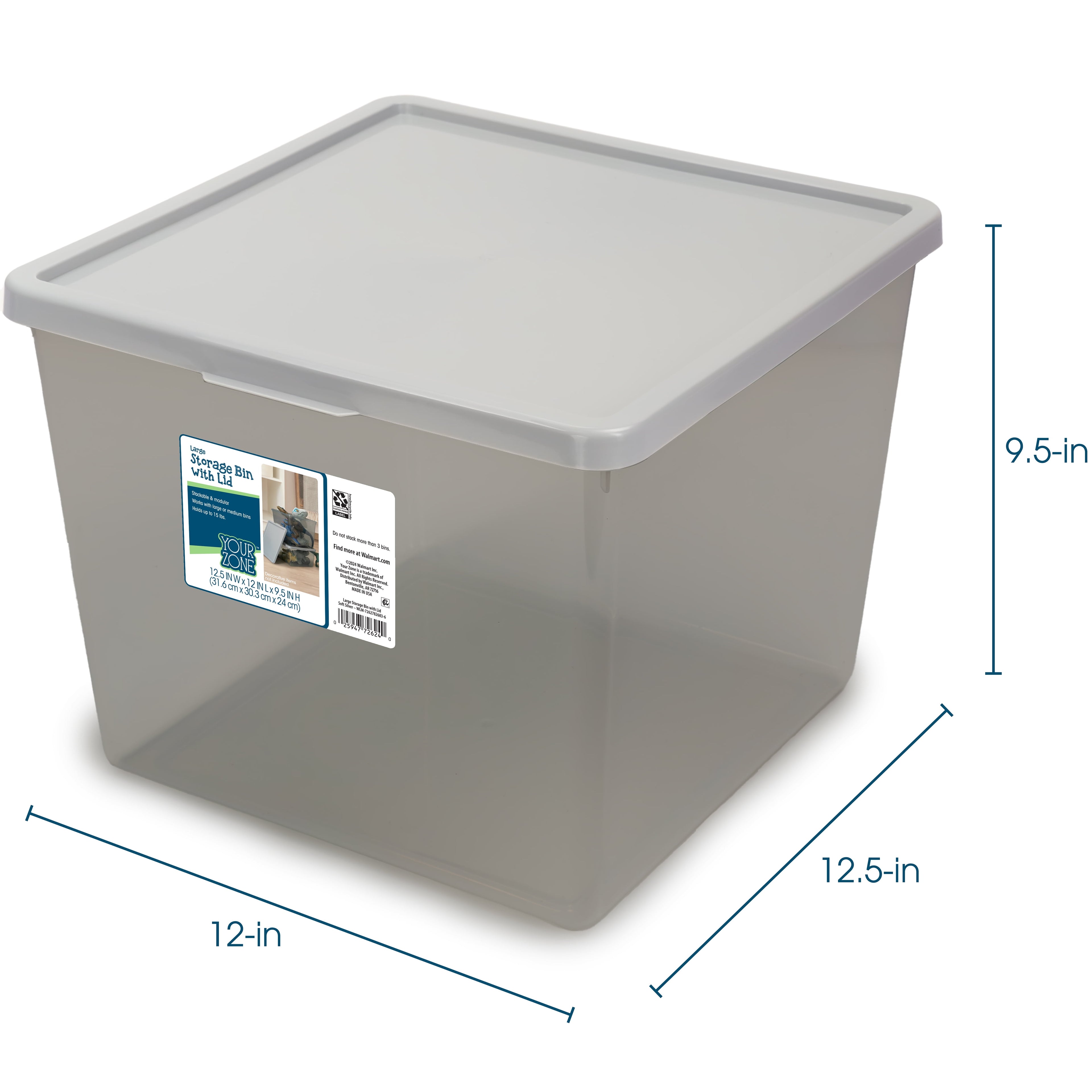 Kids Large Tinted Clear Plastic Stacking Storage Bin with Lid, Grey, 12 in x 12.4 in x 9.4 in