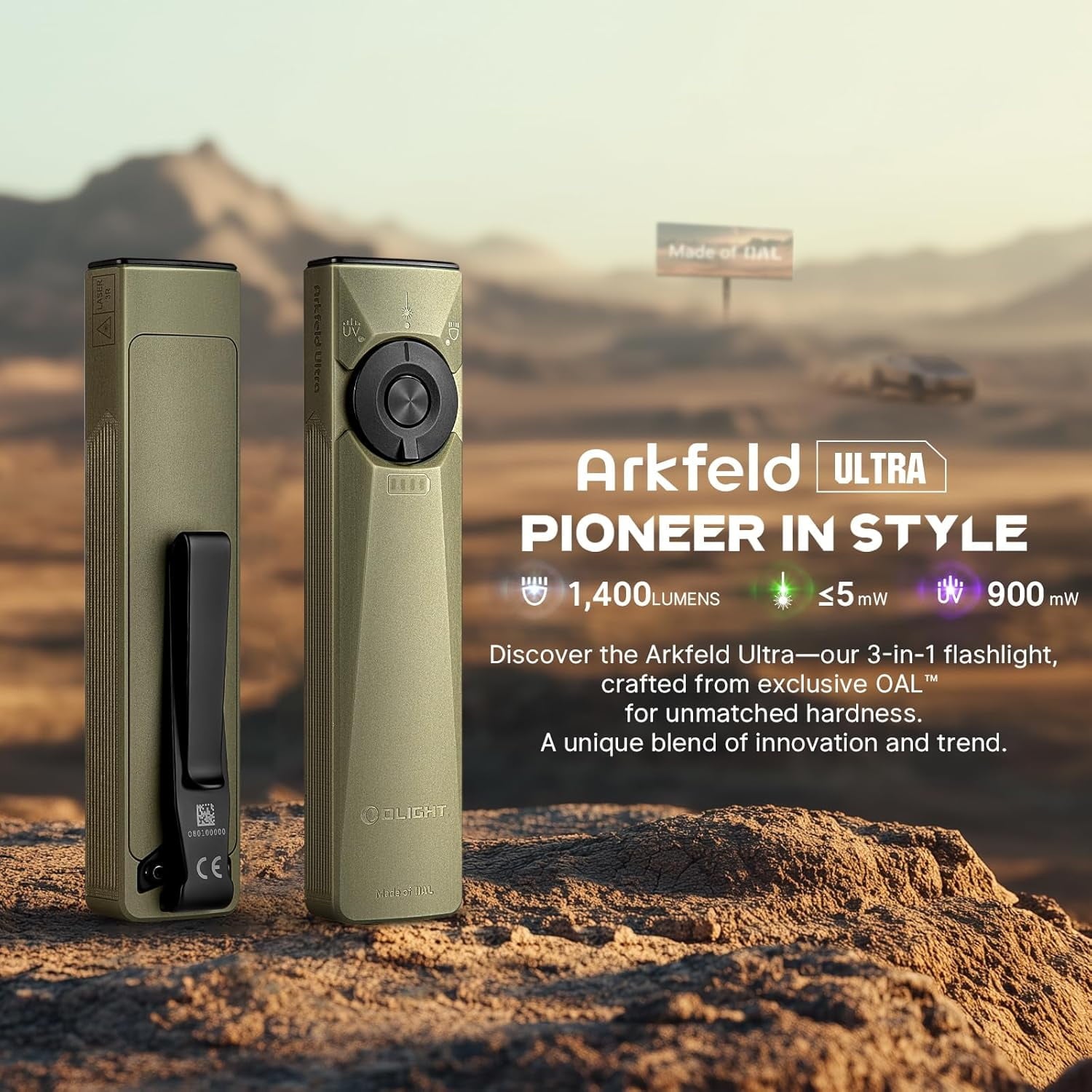 Arkfeld Ultra 1400 Lumens EDC Flat Flashlight, Rechargeable Compact Pocket Flash Light Combines White LED, UV and Green Beam, Triple Sources Perfect for Checking, Working (Olive-Green)