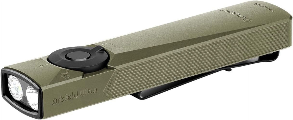 Arkfeld Ultra 1400 Lumens EDC Flat Flashlight, Rechargeable Compact Pocket Flash Light Combines White LED, UV and Green Beam, Triple Sources Perfect for Checking, Working (Olive-Green)