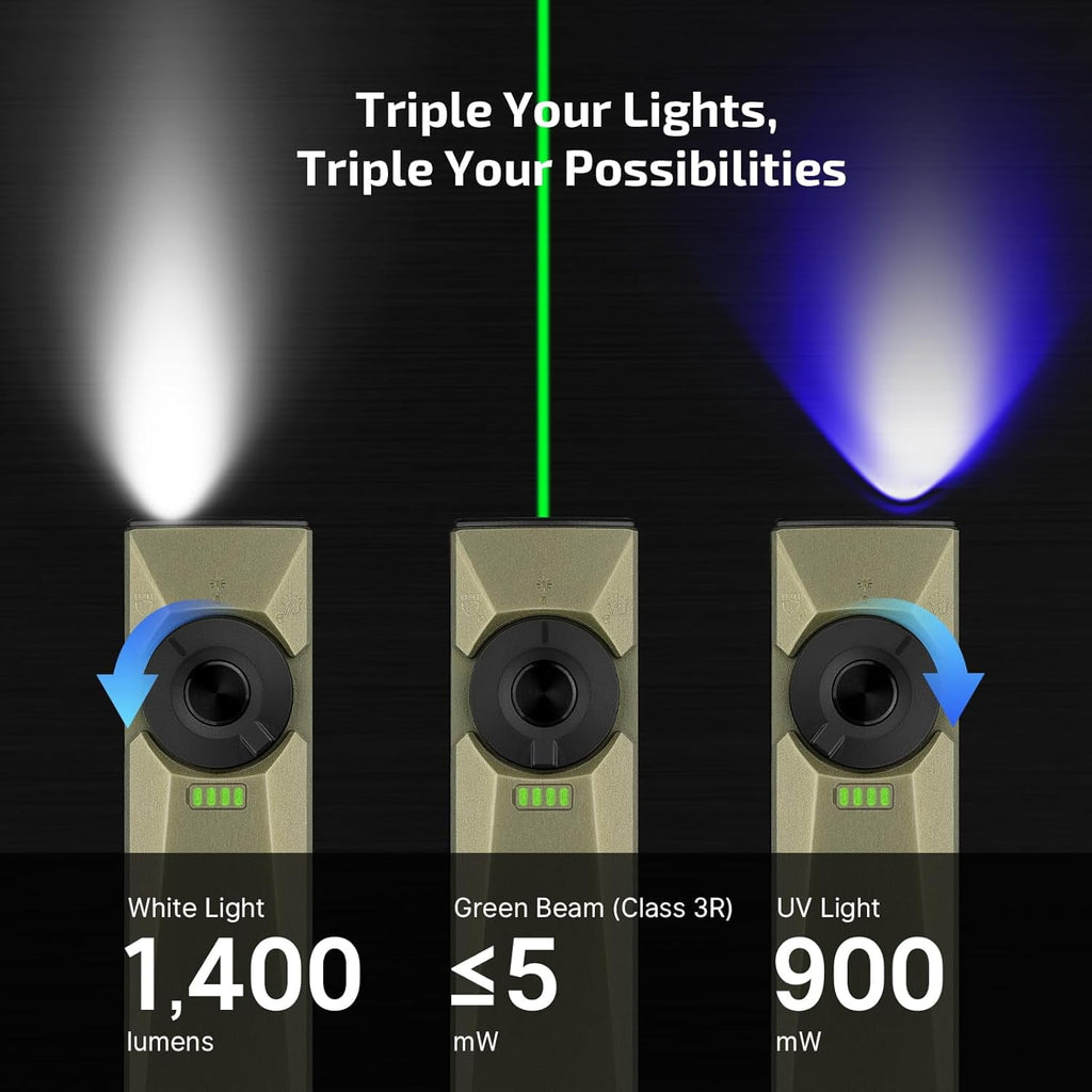 Arkfeld Ultra 1400 Lumens EDC Flat Flashlight, Rechargeable Compact Pocket Flash Light Combines White LED, UV and Green Beam, Triple Sources Perfect for Checking, Working (Olive-Green)