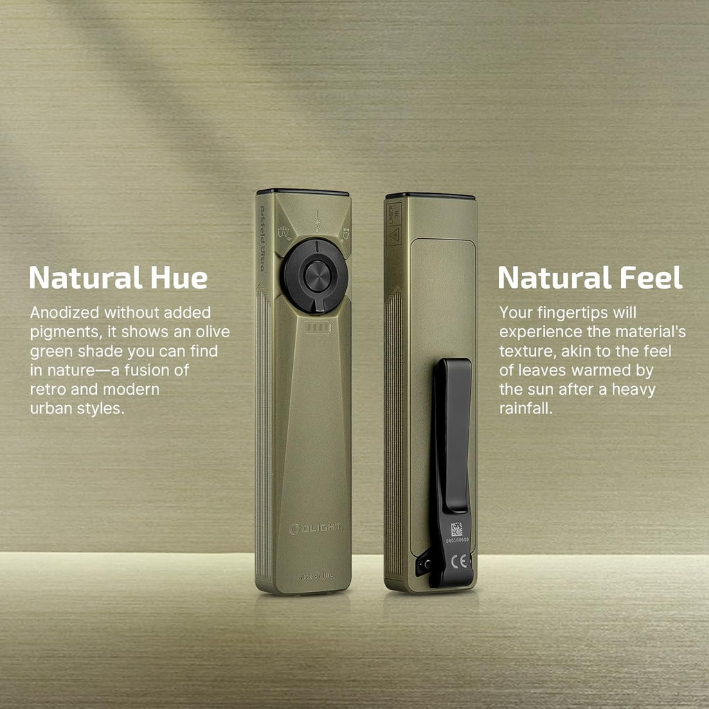 Arkfeld Ultra 1400 Lumens EDC Flat Flashlight, Rechargeable Compact Pocket Flash Light Combines White LED, UV and Green Beam, Triple Sources Perfect for Checking, Working (Olive-Green)