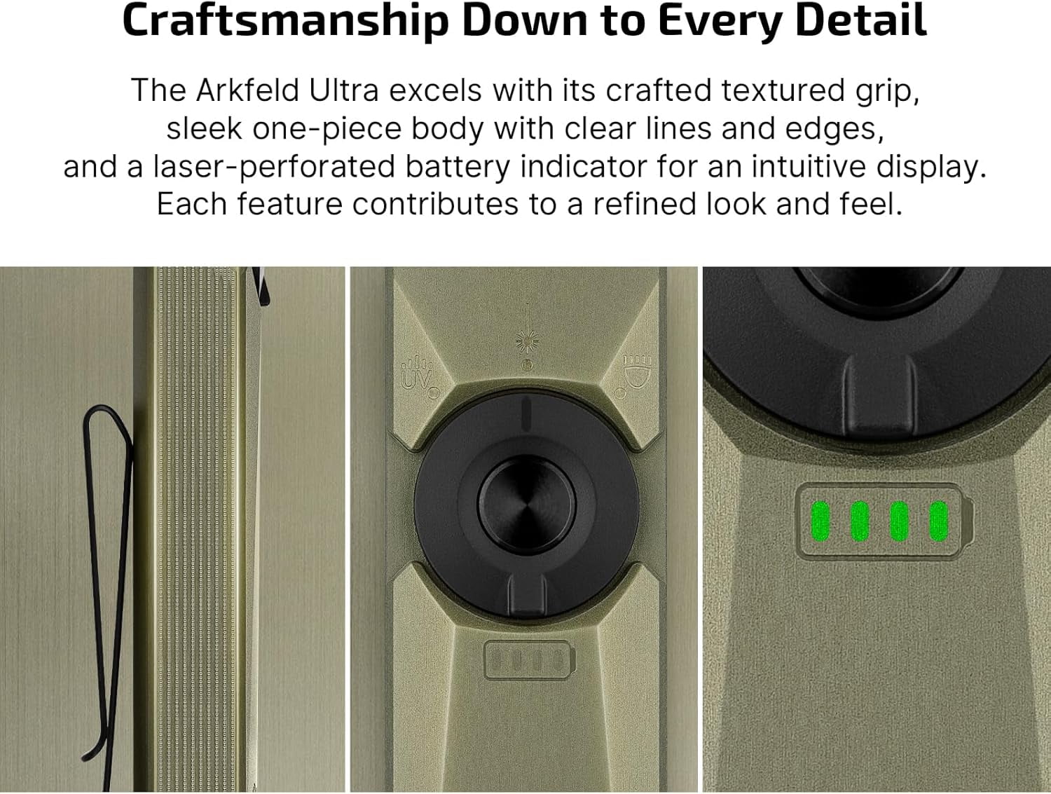 Arkfeld Ultra 1400 Lumens EDC Flat Flashlight, Rechargeable Compact Pocket Flash Light Combines White LED, UV and Green Beam, Triple Sources Perfect for Checking, Working (Olive-Green)