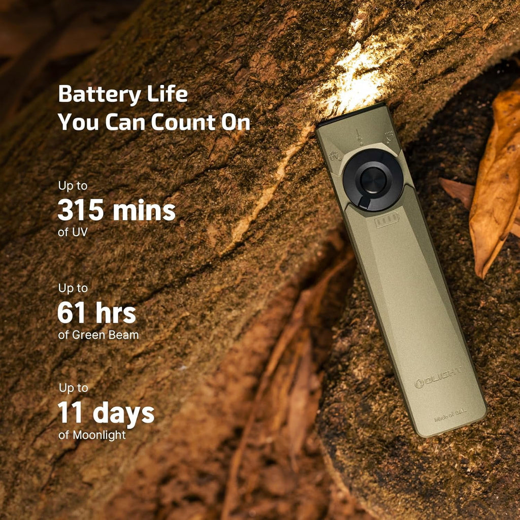 Arkfeld Ultra 1400 Lumens EDC Flat Flashlight, Rechargeable Compact Pocket Flash Light Combines White LED, UV and Green Beam, Triple Sources Perfect for Checking, Working (Olive-Green)