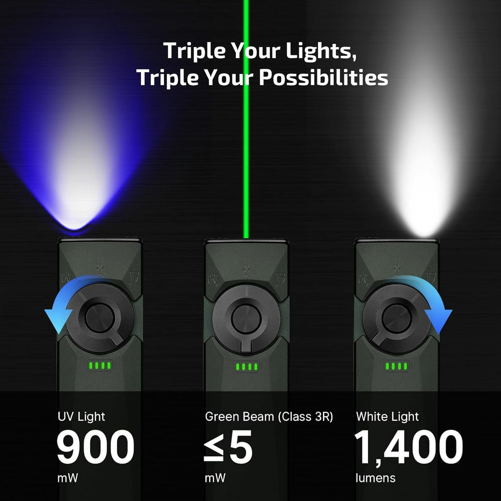 Arkfeld Ultra 1400 Lumens EDC Flat Flashlight, Rechargeable Compact Pocket Flash Light Combines White LED, UV and Green Beam, Triple Sources Perfect for Checking, Working (Olive-Green)