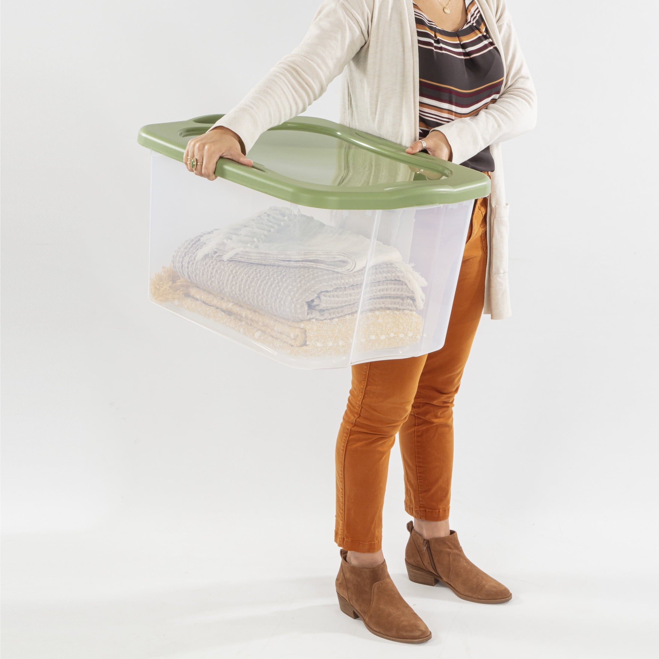 EZ Carry 70 Quart Large Storage Bin, Clear Plastic Storage Container with Full-Grip Handles, Green
