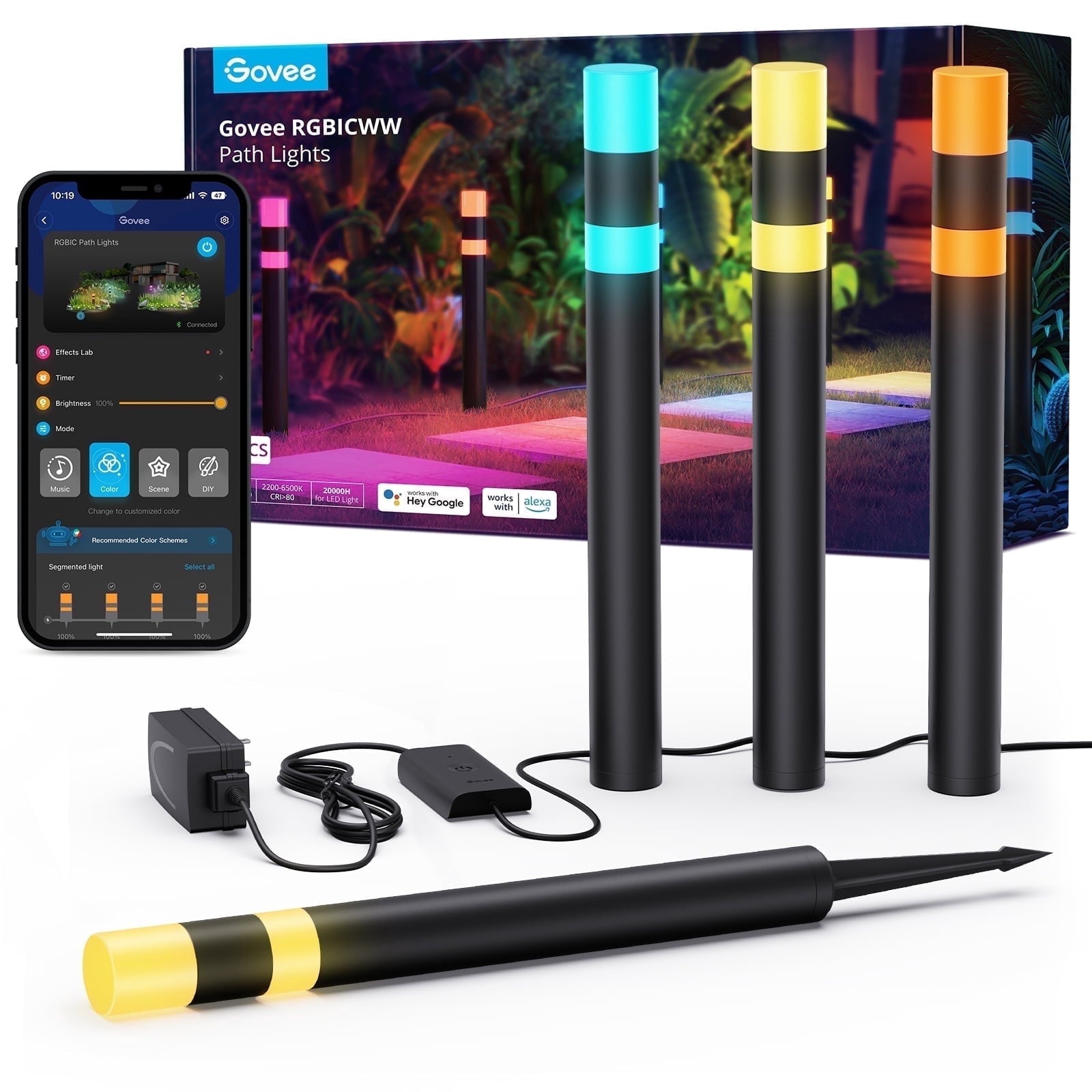 H7055 Waterproof Outdoor Pathway Lights,RGBIC With 16 Million Color Changing Scene And Music Modes, Support Alexa, Google, Home App Control,Durable Materials Outdoor Lights, 4 lights