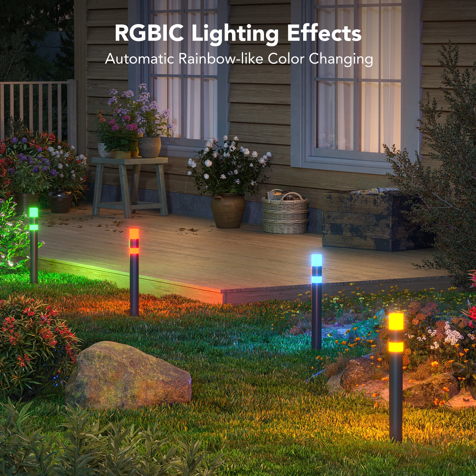 H7055 Waterproof Outdoor Pathway Lights,RGBIC With 16 Million Color Changing Scene And Music Modes, Support Alexa, Google, Home App Control,Durable Materials Outdoor Lights, 4 lights