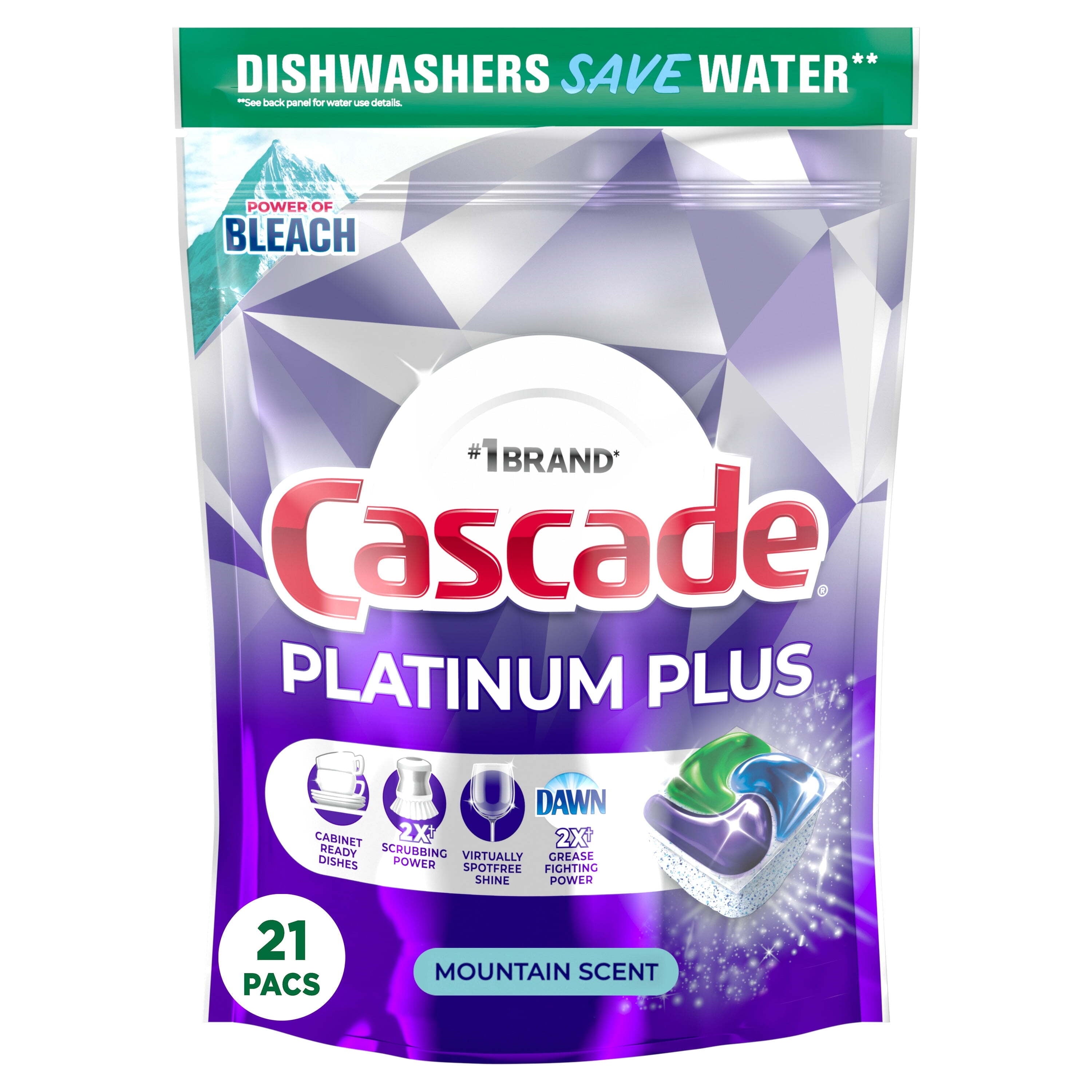Platinum Plus Dish Detergent ActionPacs, Power of Bleach, Mountain Scent 21 Count