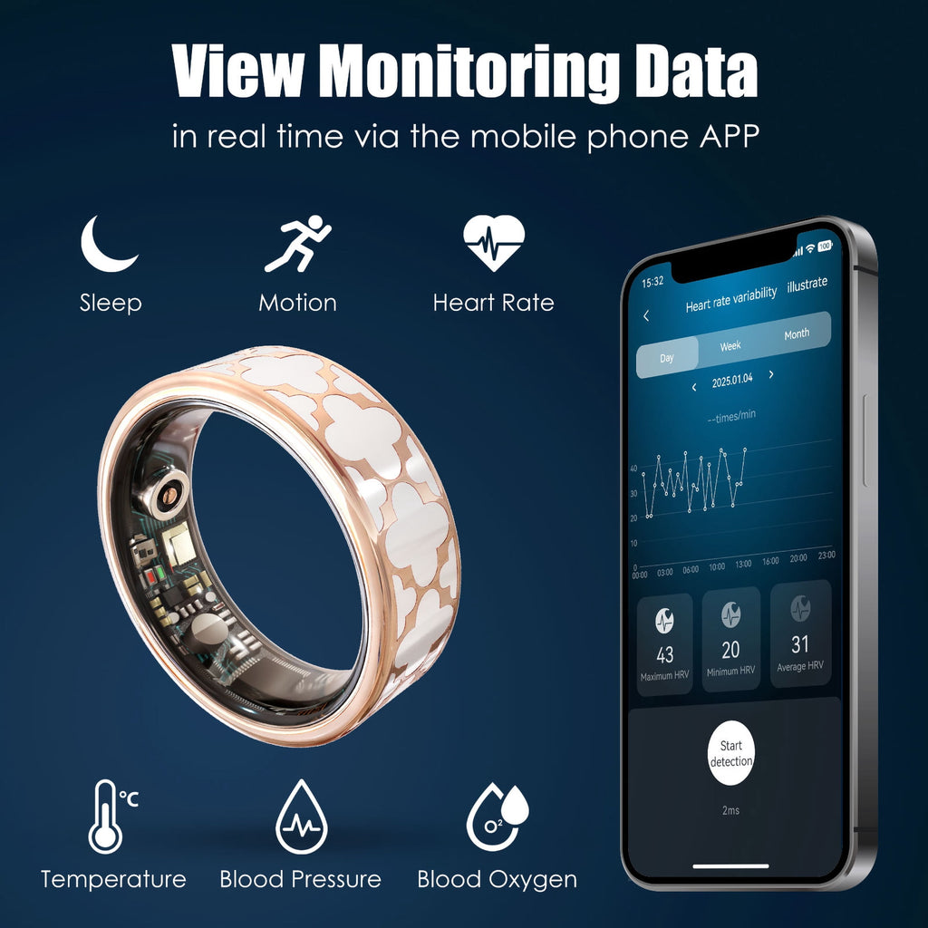 Health Tracking Ring, Suitable for Both Men and Women, 5ATM Waterproof, Activity/Sleep/Temperature Monitoring, Family Care Mode, Compatible with Android and iOS.