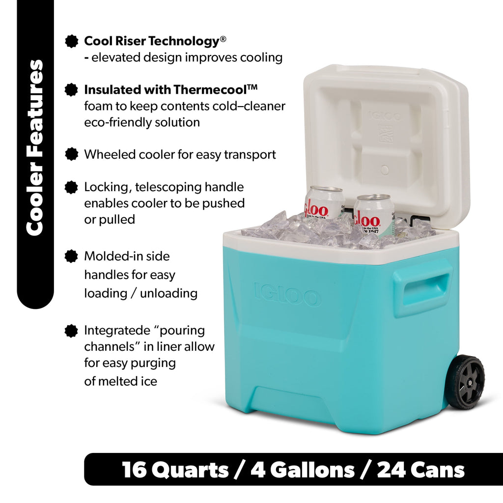 16 QT Laguna Hard Sided Ice Chest Cooler with Wheels, Aqua Blue