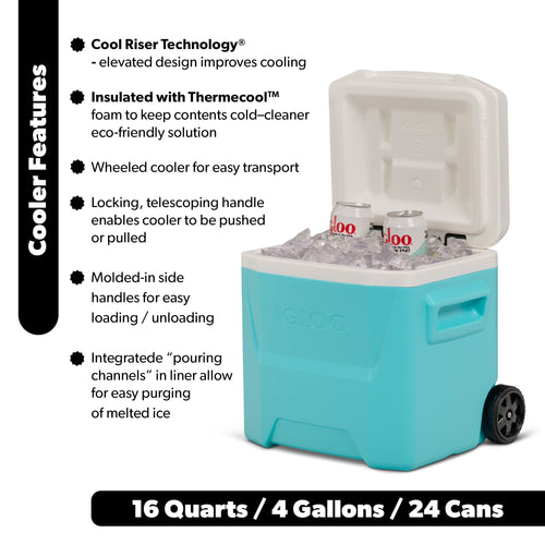 16 QT Laguna Hard Sided Ice Chest Cooler with Wheels, Aqua Blue
