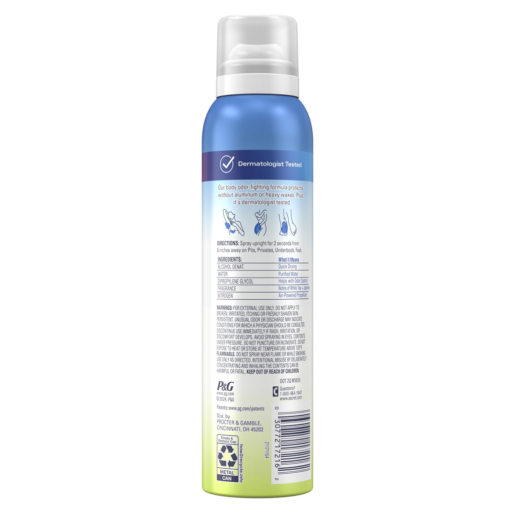Whole Body Deodorant Spray for Women, White Tea &amp; Jasmine Scent, Aluminum Free, 72 HR Odor Protection, 3.5oz