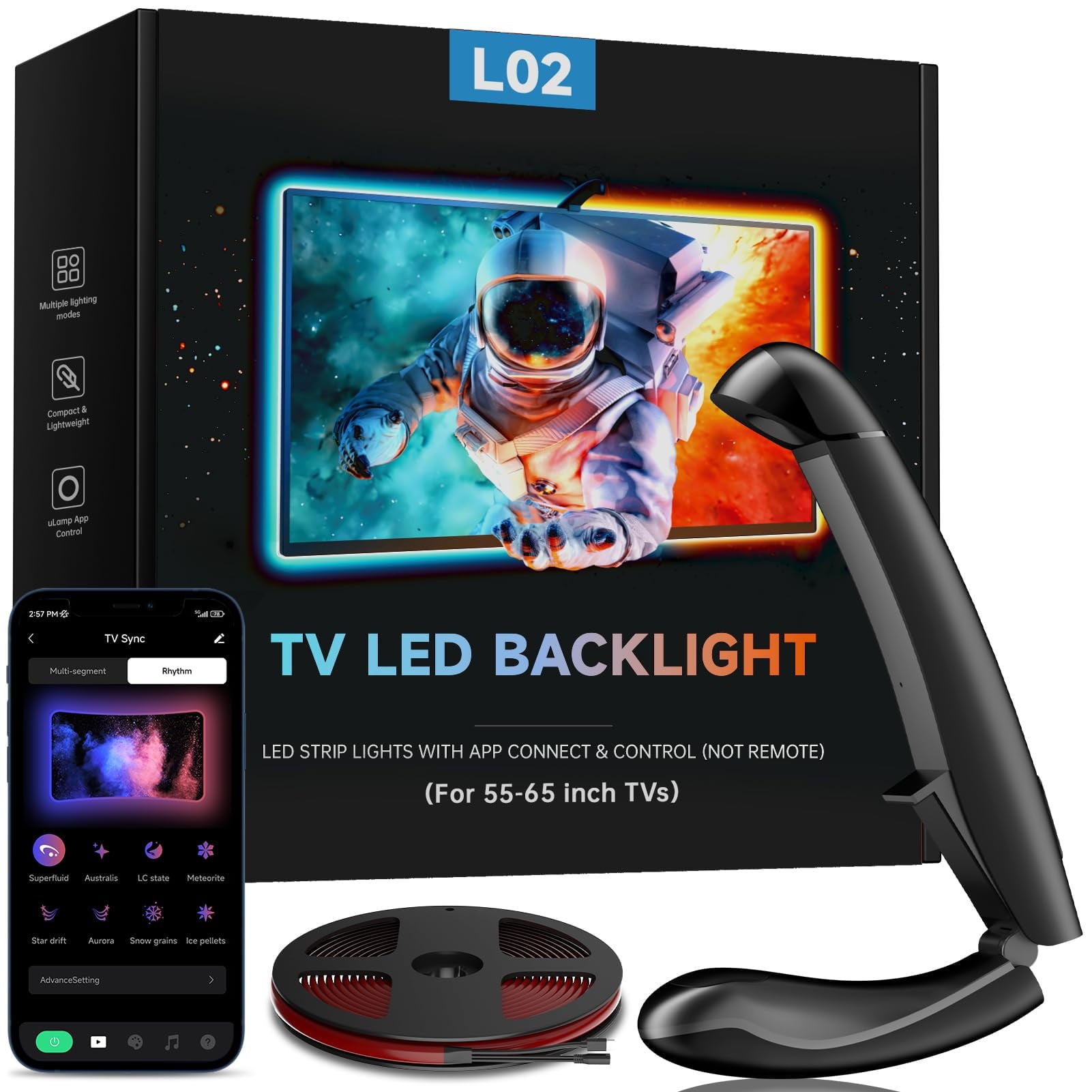 14.76ft TV LED Backlight with Screen Sync Sensor, App Control RGB Strip for 55-65" TVs, Game &amp; Movie Color Changing