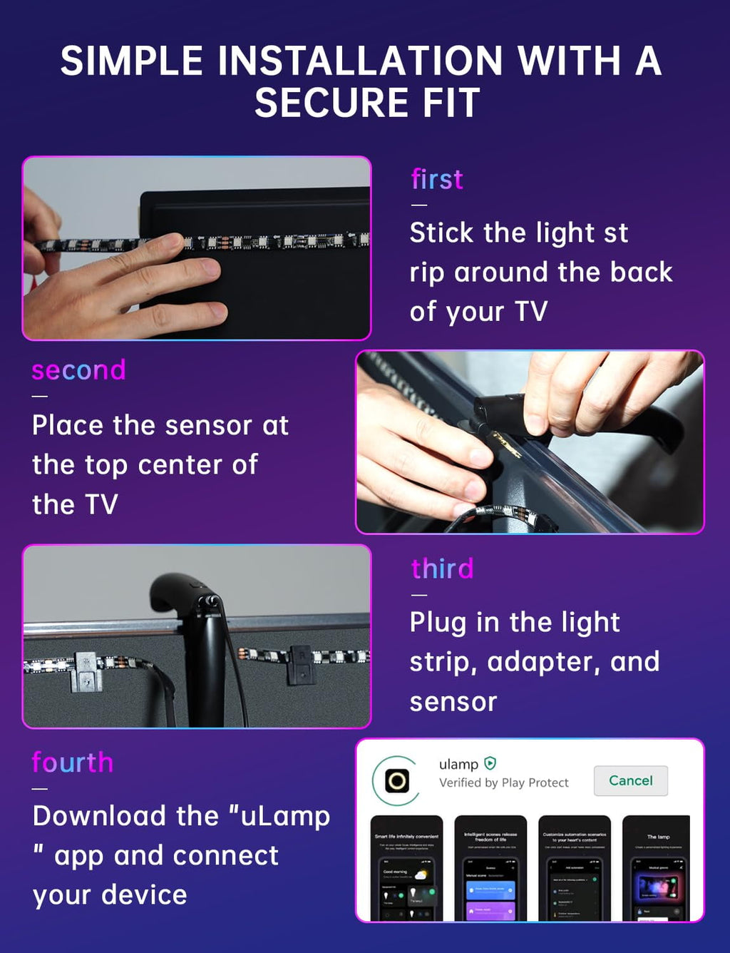 14.76ft TV LED Backlight with Screen Sync Sensor, App Control RGB Strip for 55-65" TVs, Game &amp; Movie Color Changing