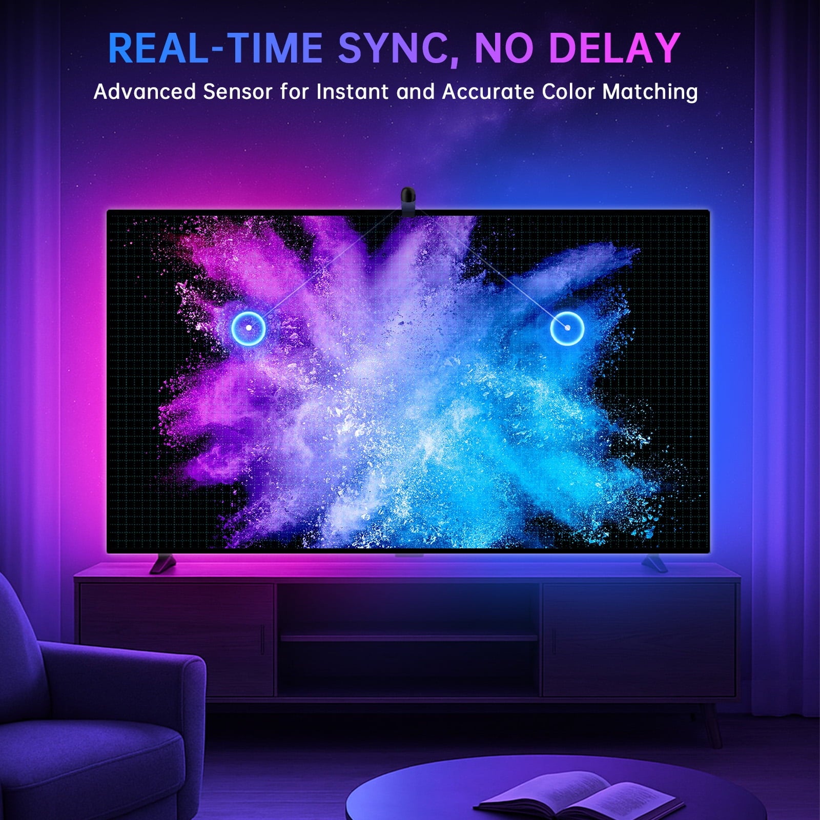 14.76ft TV LED Backlight with Screen Sync Sensor, App Control RGB Strip for 55-65" TVs, Game &amp; Movie Color Changing