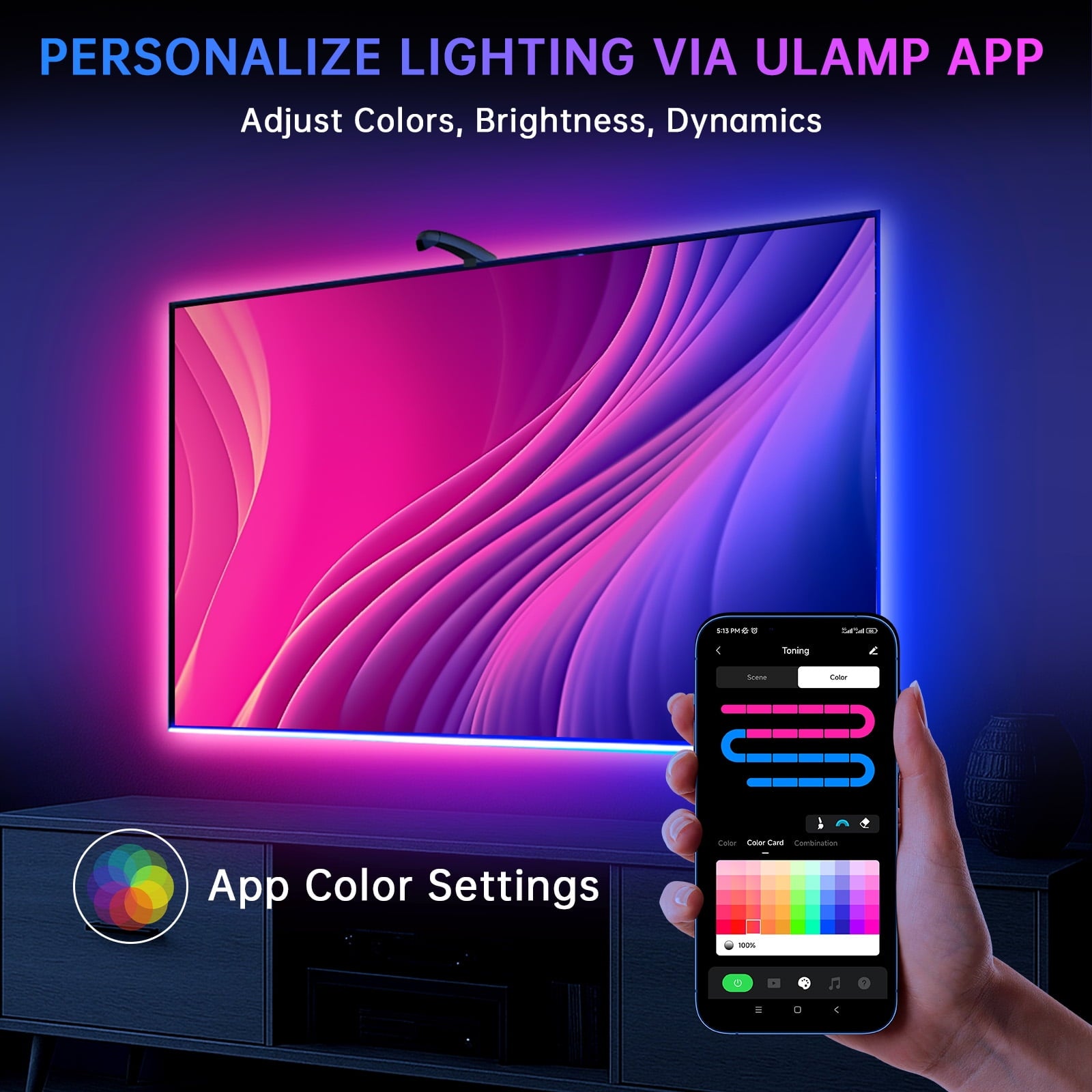 14.76ft TV LED Backlight with Screen Sync Sensor, App Control RGB Strip for 55-65" TVs, Game &amp; Movie Color Changing