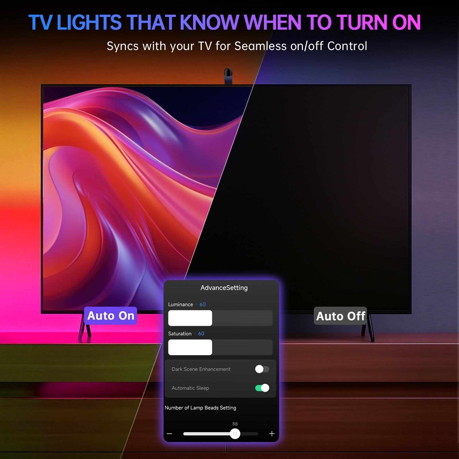 14.76ft TV LED Backlight with Screen Sync Sensor, App Control RGB Strip for 55-65" TVs, Game &amp; Movie Color Changing