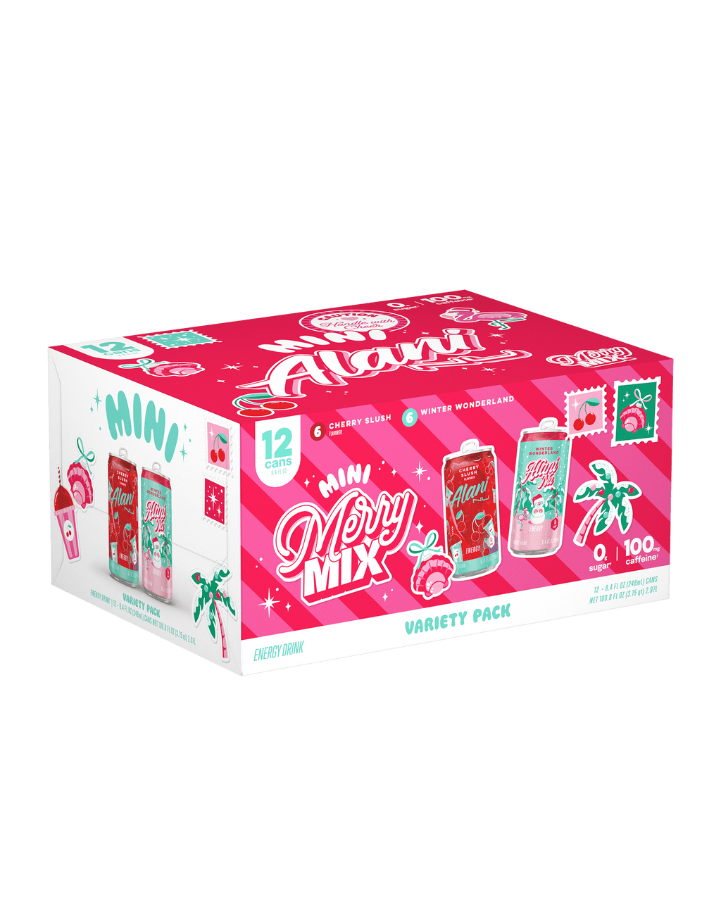 Sugar Free Energy Drink Mini, Variety Pack, Winter Wonderland, Cherry Slush, 8.4 fl oz, 12 Pack, Cans, 100mg Caffeine