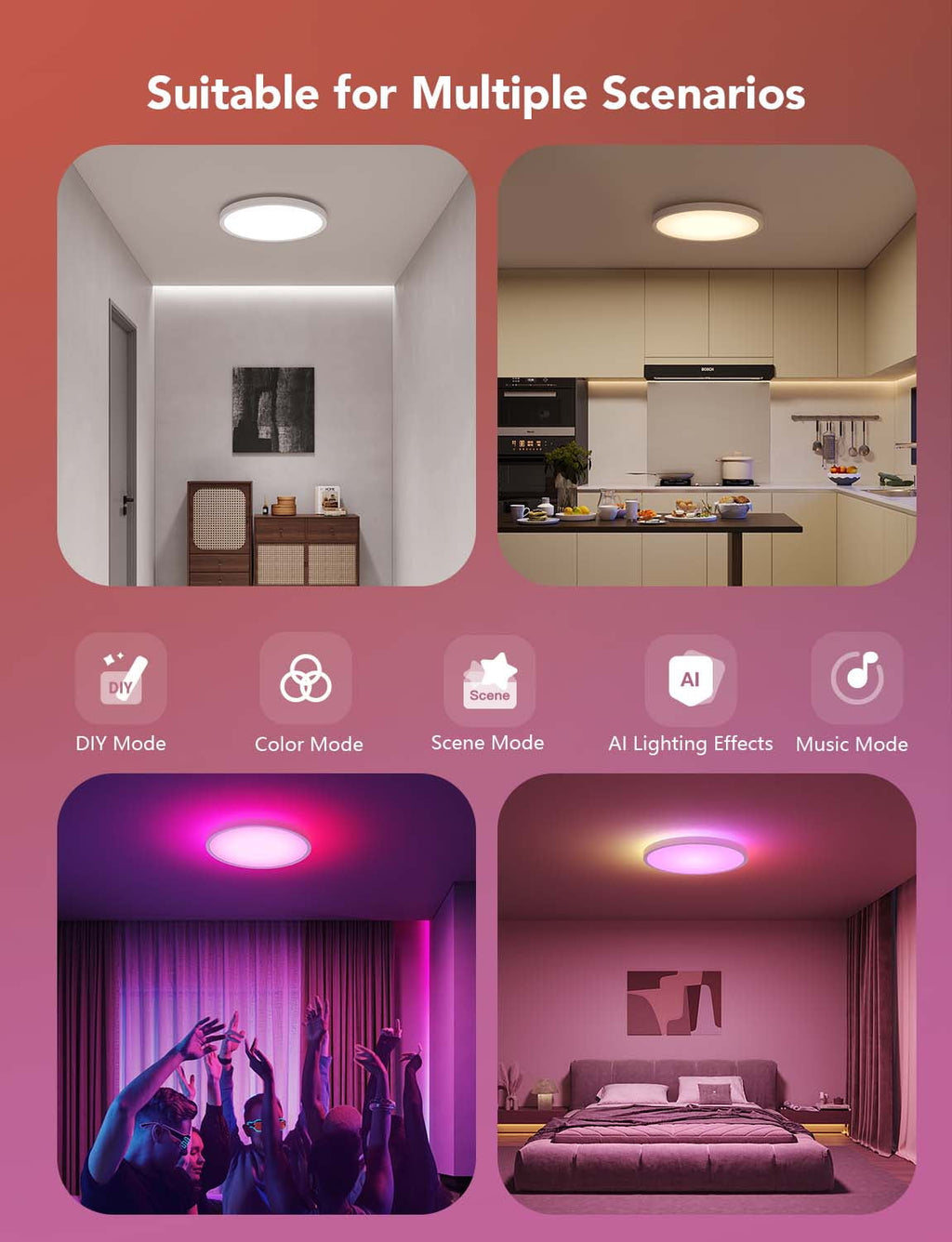 Smart Ceiling Light, RGBIC LED Ceiling Light Fixture, 2400LM Flush Mount Light Fixture, DIY Colors, Works with Alexa, 2200K-6500K Ceiling Lights for Bedroom, Living Room, 12 Inch, 1 Pack