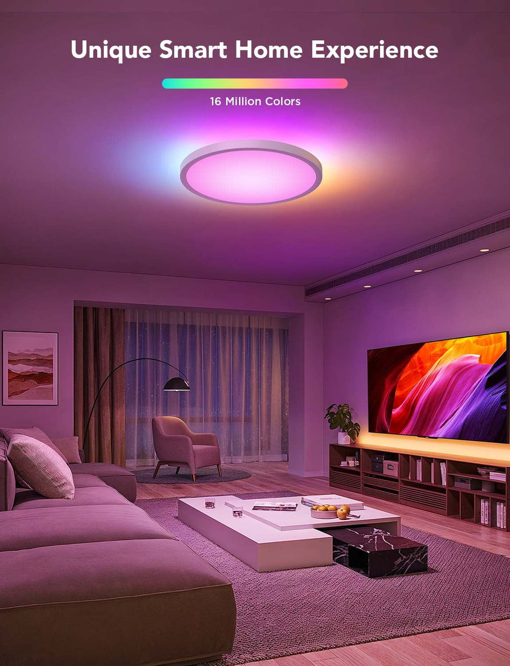 Smart Ceiling Light, RGBIC LED Ceiling Light Fixture, 2400LM Flush Mount Light Fixture, DIY Colors, Works with Alexa, 2200K-6500K Ceiling Lights for Bedroom, Living Room, 12 Inch, 1 Pack