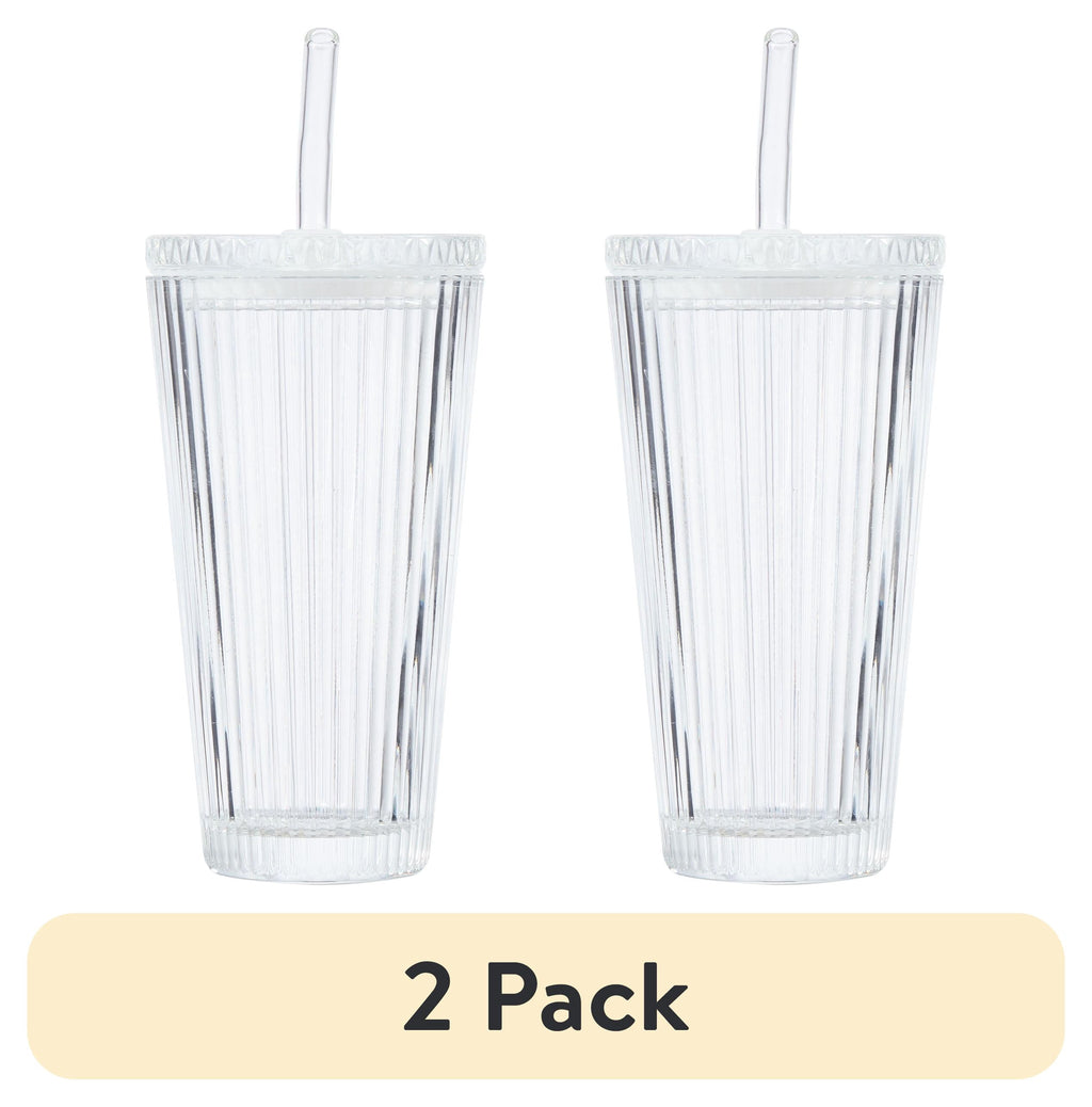 Better Homes &amp; Gardens Glass 21oz Tumbler Ribbed with Glass Lid and Straw