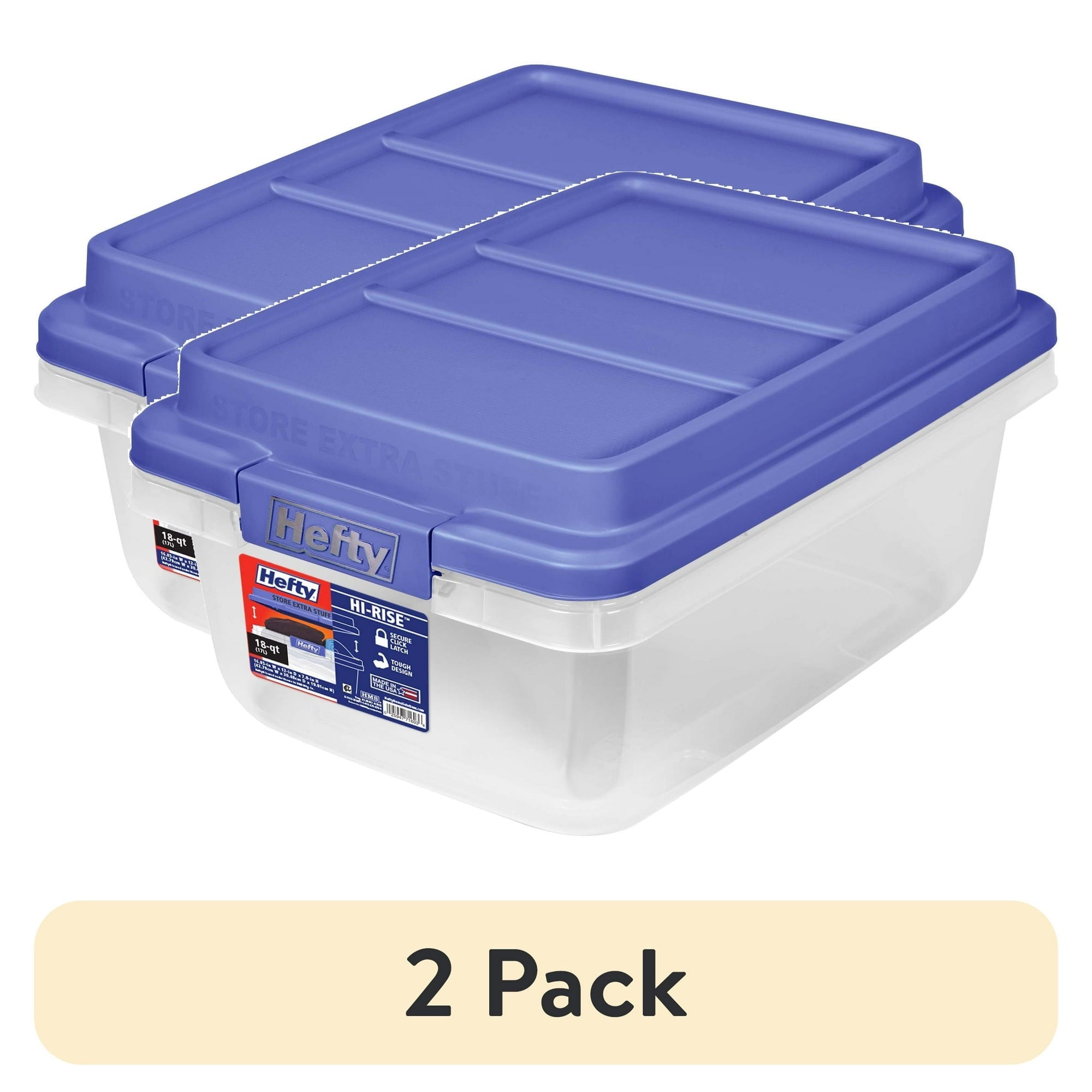 (2 pack) Hefty 18 Quart Clear Plastic Latched Storage Bin with Blue HI-RISE Lid, Adult