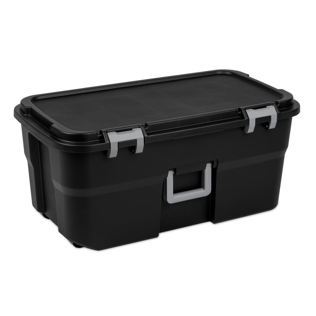 22 Gallon Large Wheeled Footlocker, Heavy Duty Plastic Storage Trunk Container, Lockable with Wheels and Handle, Black