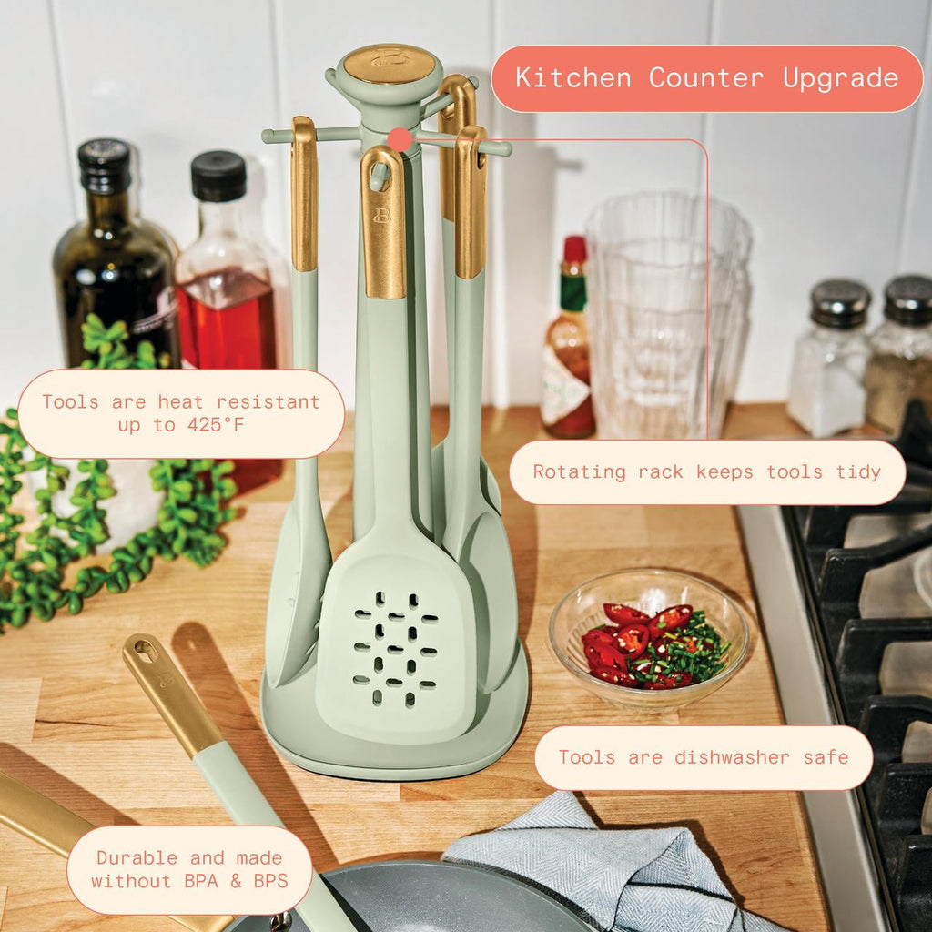 6-Piece Silicone Kitchen Utensil Tool Set with Rotating Rack by Drew Barrymore, Porcini Taupe