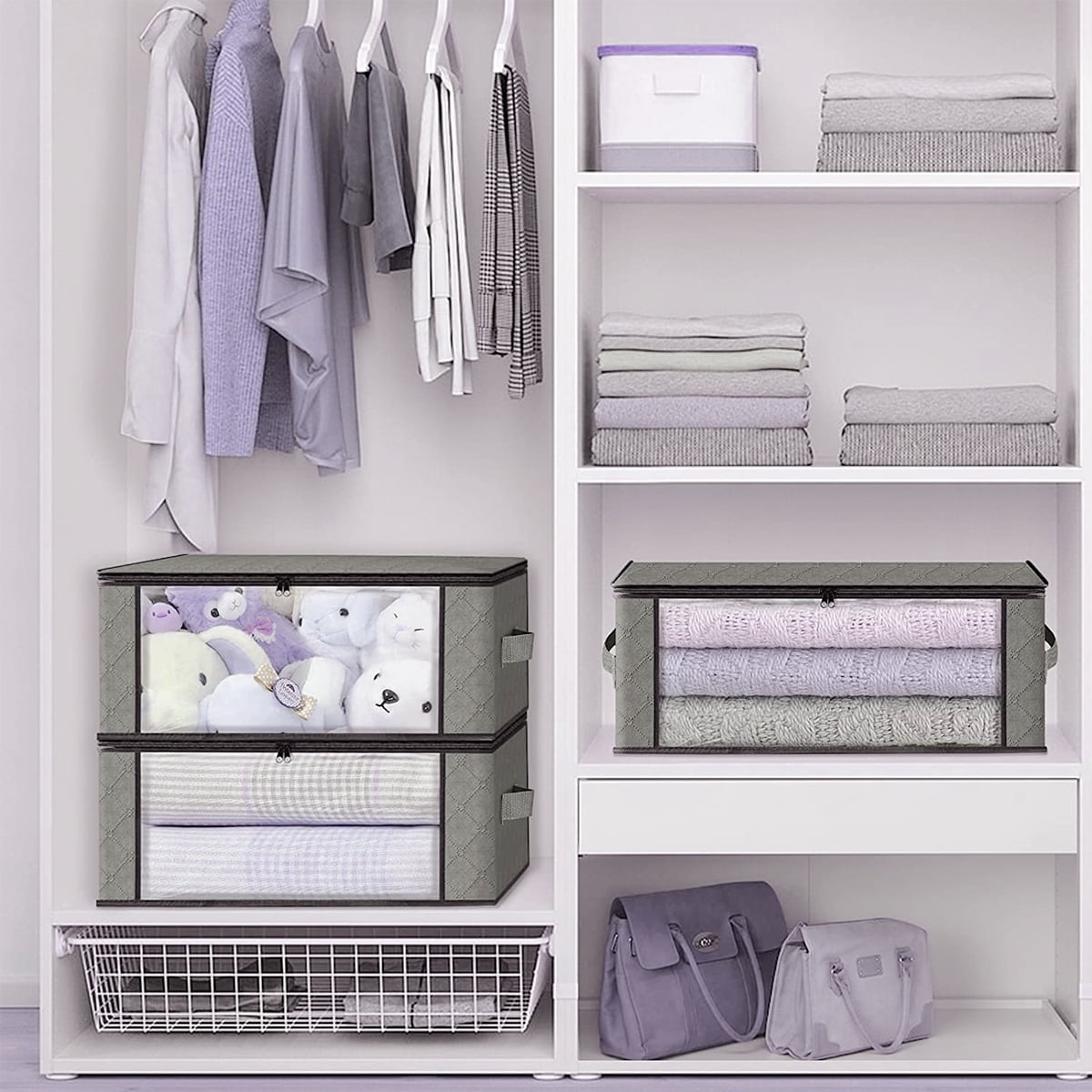 Storage Box, 6 Pack Clothes Organizer with Clear Windows, Sturdy Handles Storage Bag 19.7 x 13.78 x 7.87 inches, Gray