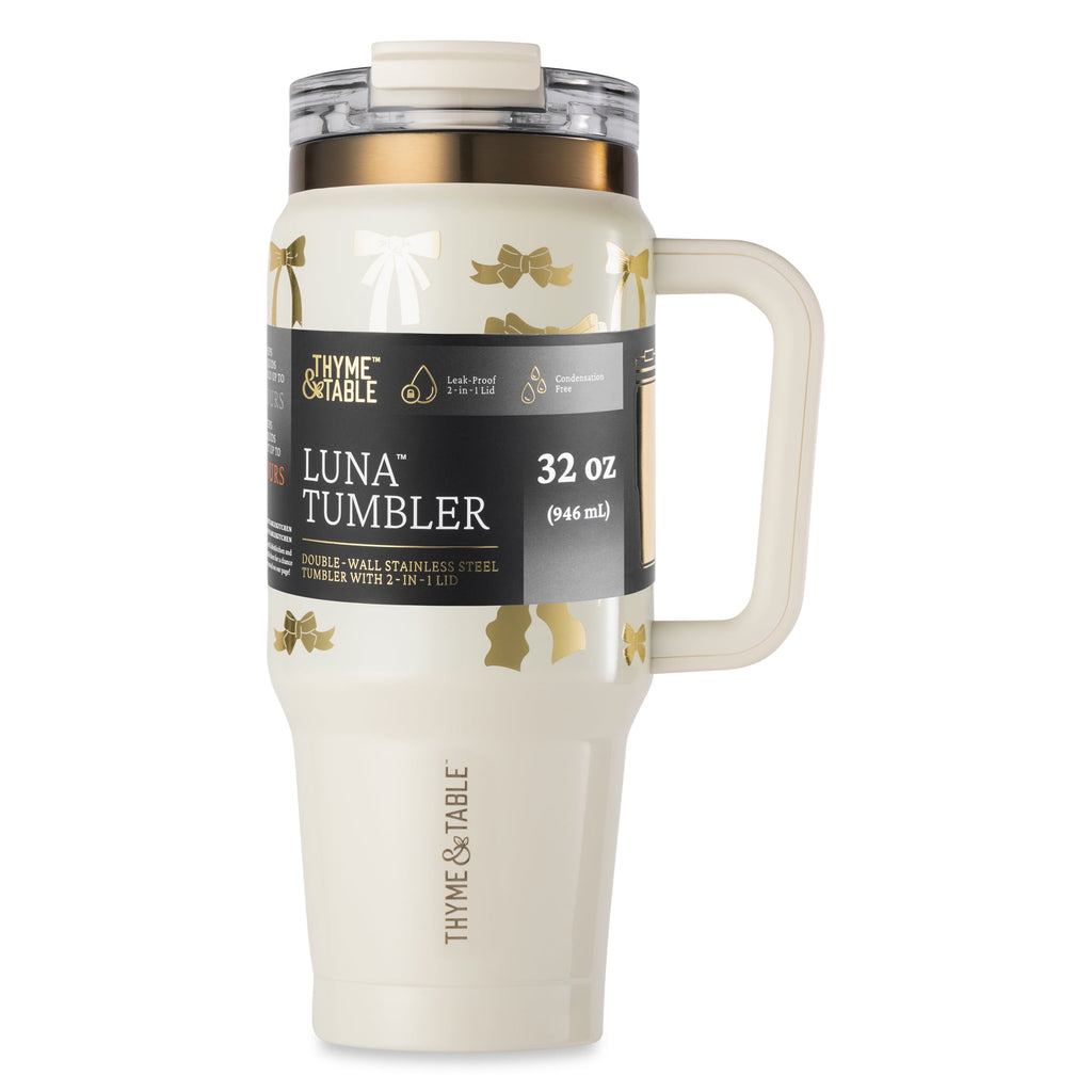 Thyme &amp; Table 32 fl oz Stainless Steel Luna Tumbler with Handle and Dual Straw Lid, Cream &amp; Black Check