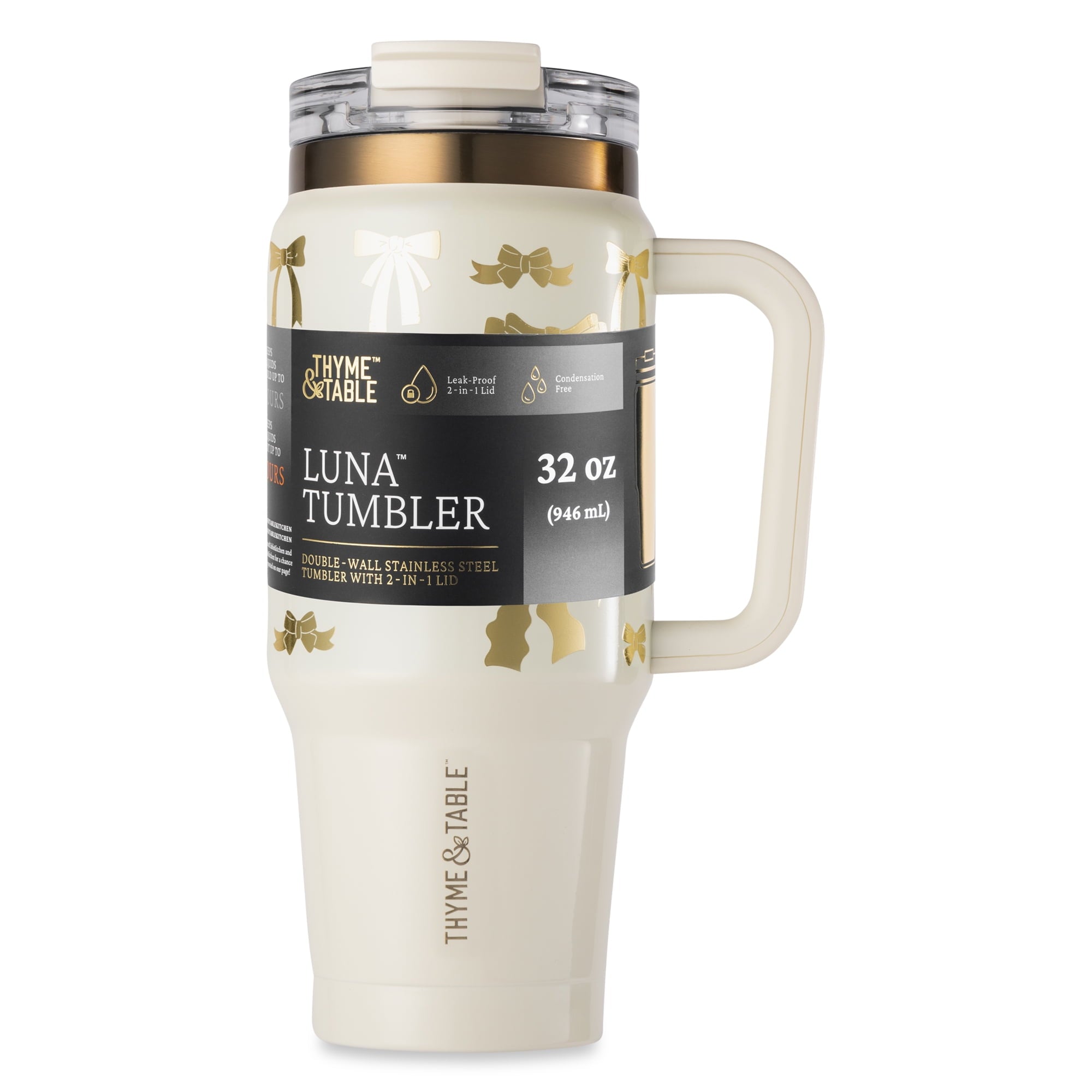 Thyme &amp; Table 32 fl oz Stainless Steel Luna Tumbler with Handle and Dual Straw Lid, Cream &amp; Black Check