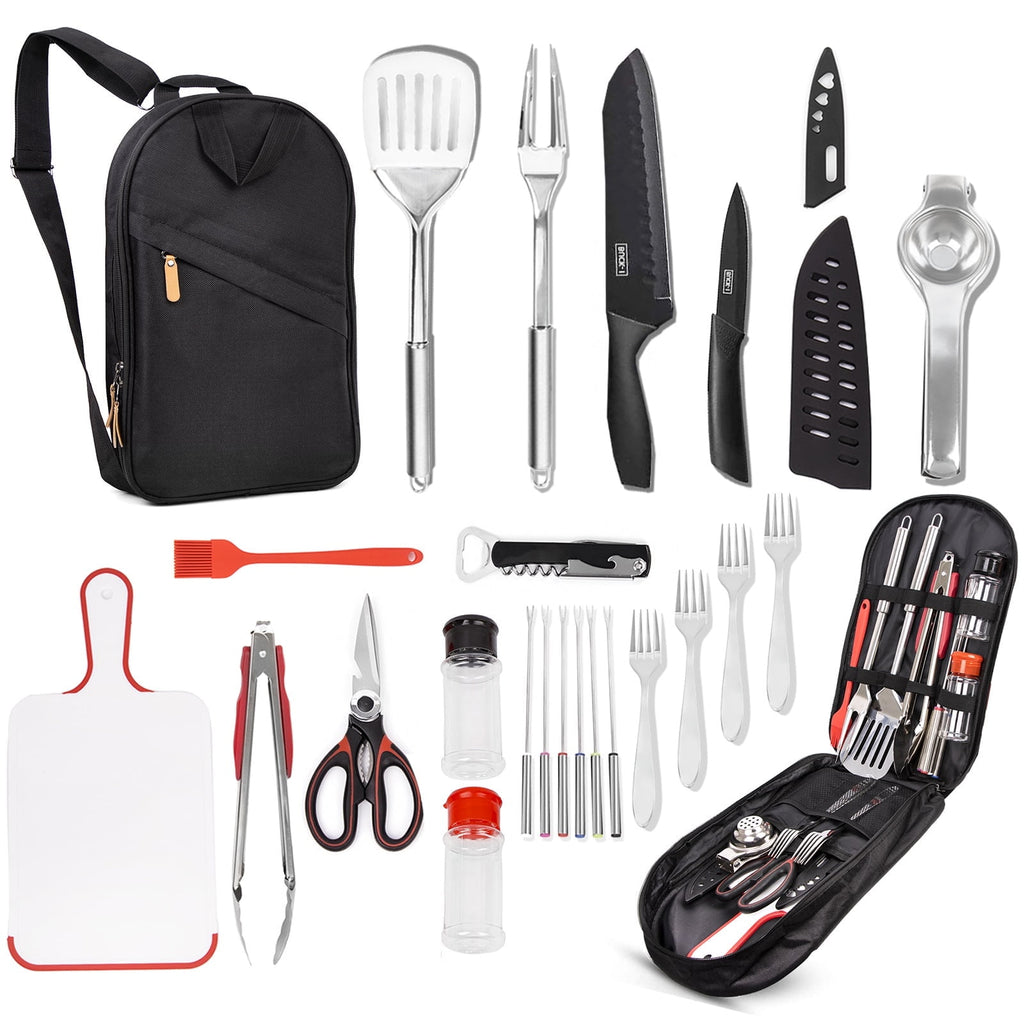 Camp Utensil Set Kitchen Cooking BBQ Grill Tool Kit with Organizer Bag, 12-Piece Travel Kitchen Grill Accessories Compact Gear Cookware Kit for Camping RV Sailboat Backyard BBQ