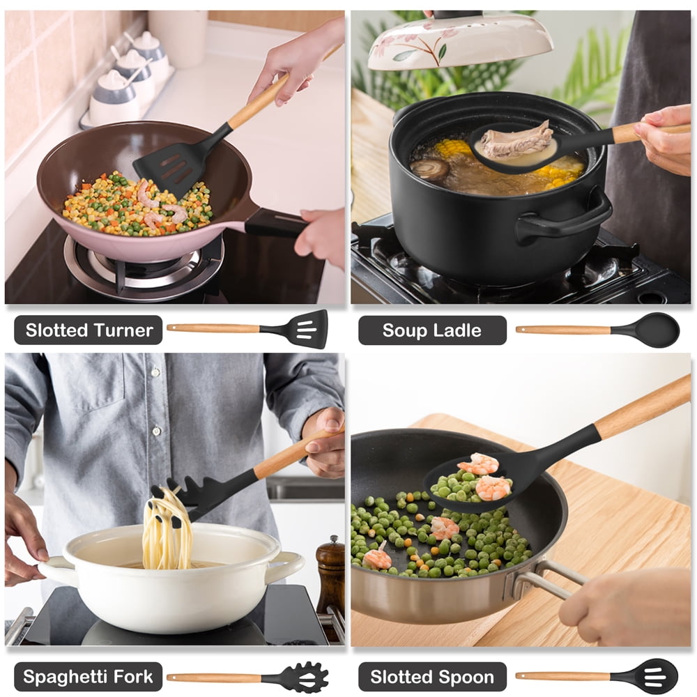 12-Piece Silicone Kitchen Cooking Utensils Set with Holder, Wooden Handle Utensils for Cooking, Kitchen Tools Include Spatula Turner Spoons Soup Ladle Tong Whisk, Black
