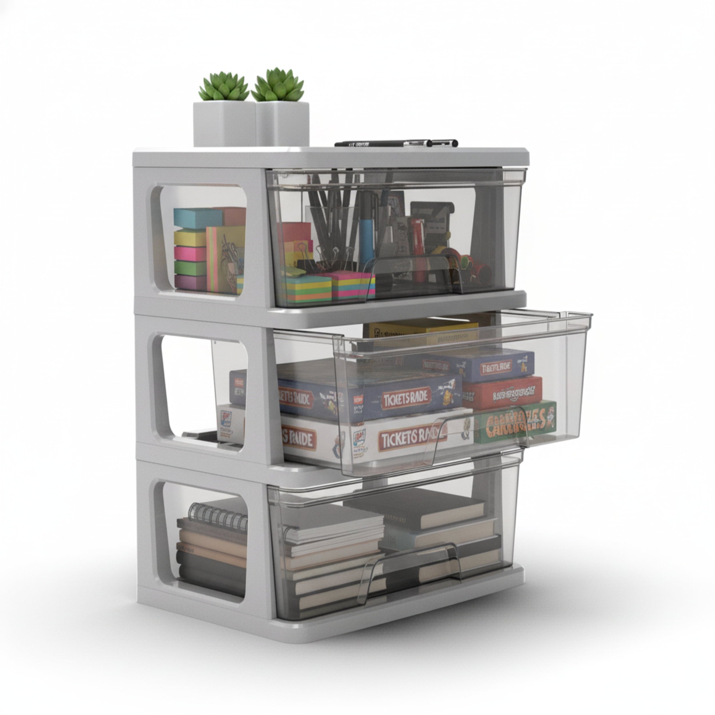 Knock Down Medium Storage Cart with Drawers, Silver Plastic
