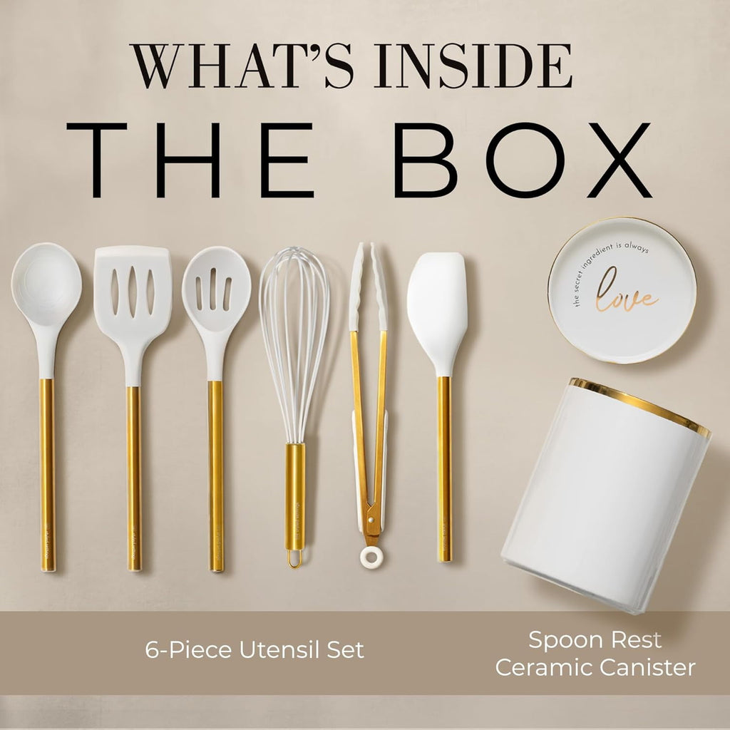 White Silicone and Gold Cooking Utensils Set