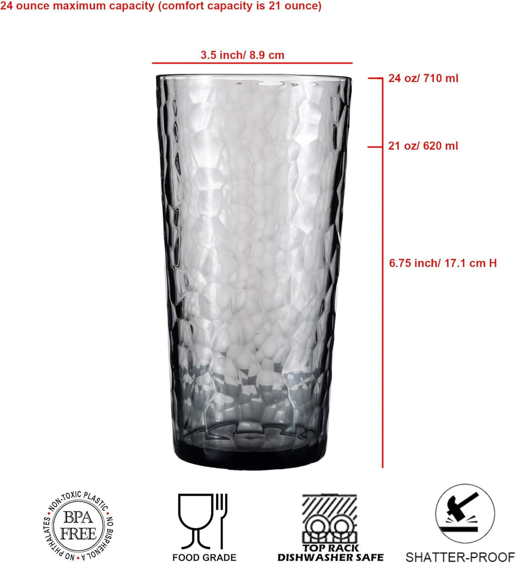 Hammered 24 ounce Plastic Drinking Tumbler Acrylic Glasses, Set of 8 Multicolor