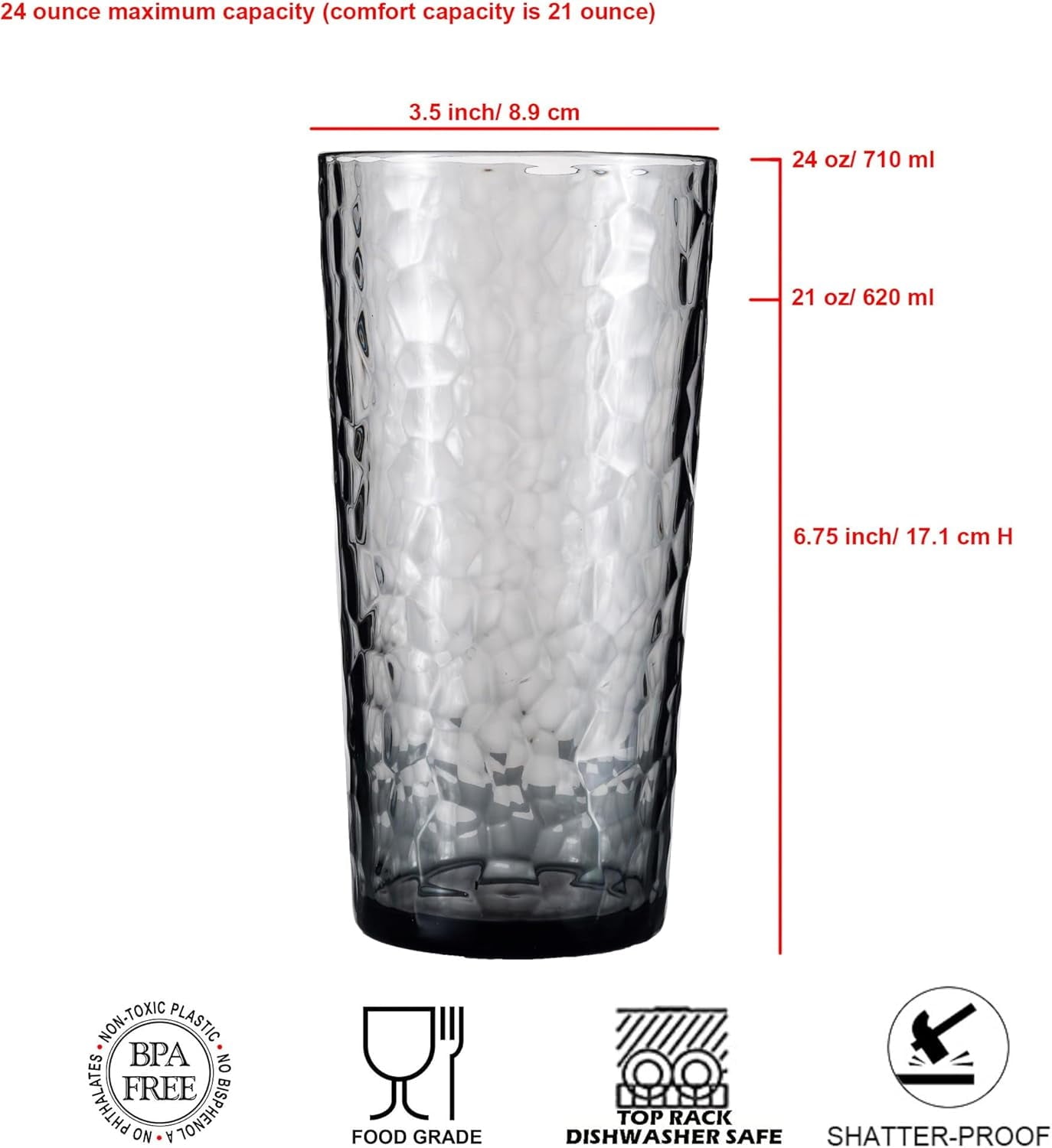 Hammered 24 ounce Plastic Drinking Tumbler Acrylic Glasses, Set of 8 Multicolor