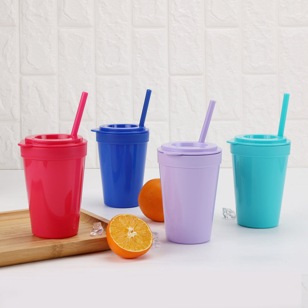 4-Pack Plastic 15-Ounce Capacity Tumbler Set with Lid and Straw, Multi-Colored