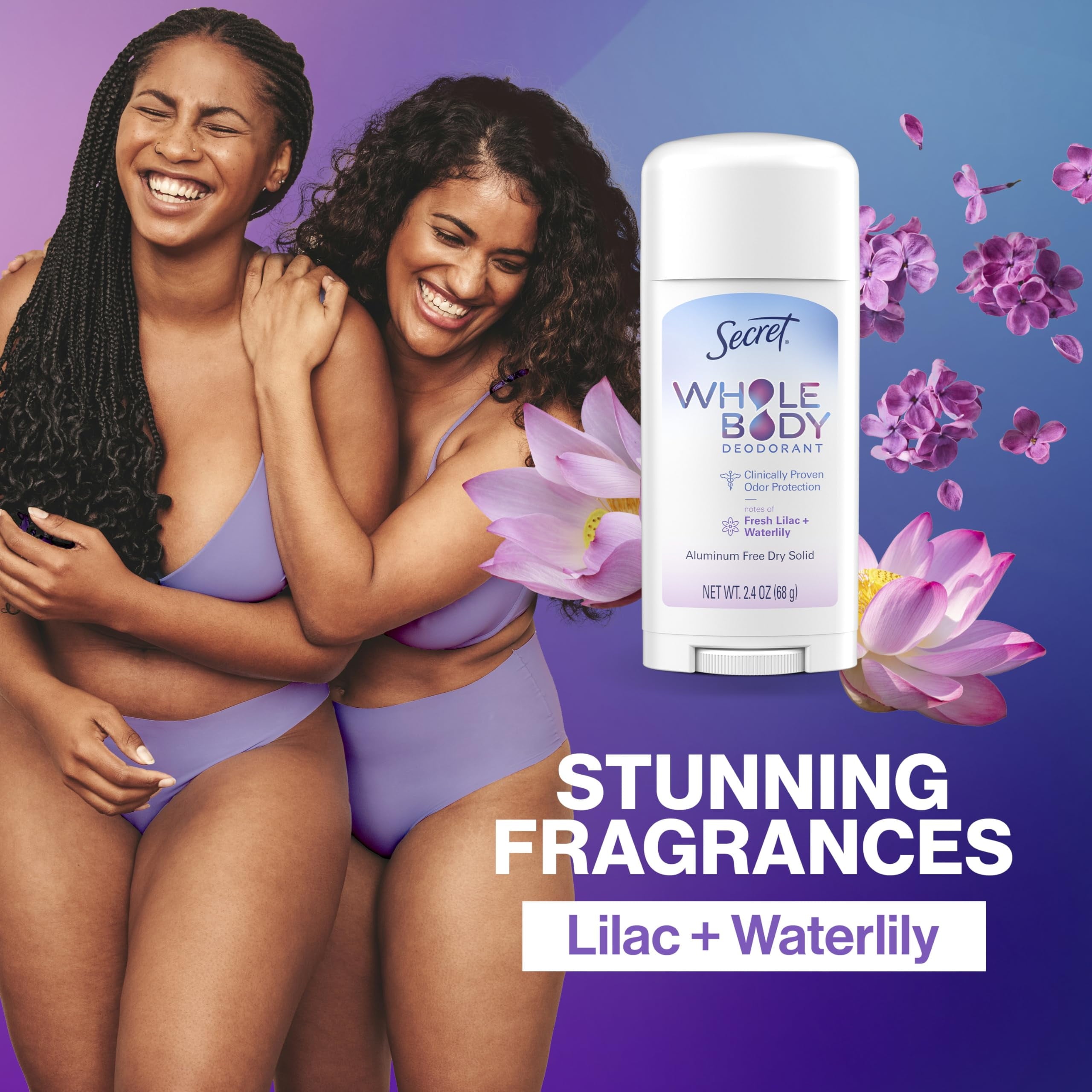 Whole Body Deodorant Stick for Women, Lilac &amp; Waterlily Scent, Aluminum Free Deodorant Stick, 72 HR Odor Protection, 2.4 oz