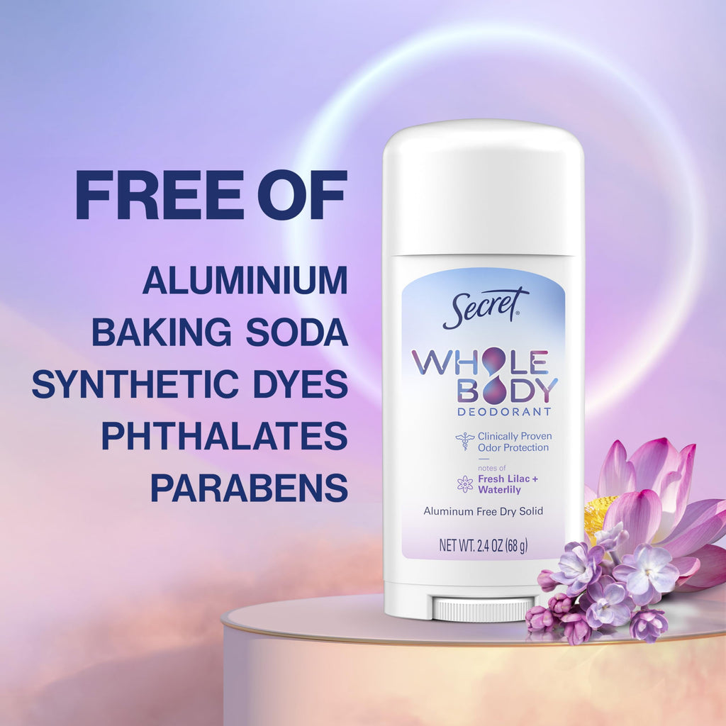 Whole Body Deodorant Stick for Women, Lilac &amp; Waterlily Scent, Aluminum Free Deodorant Stick, 72 HR Odor Protection, 2.4 oz