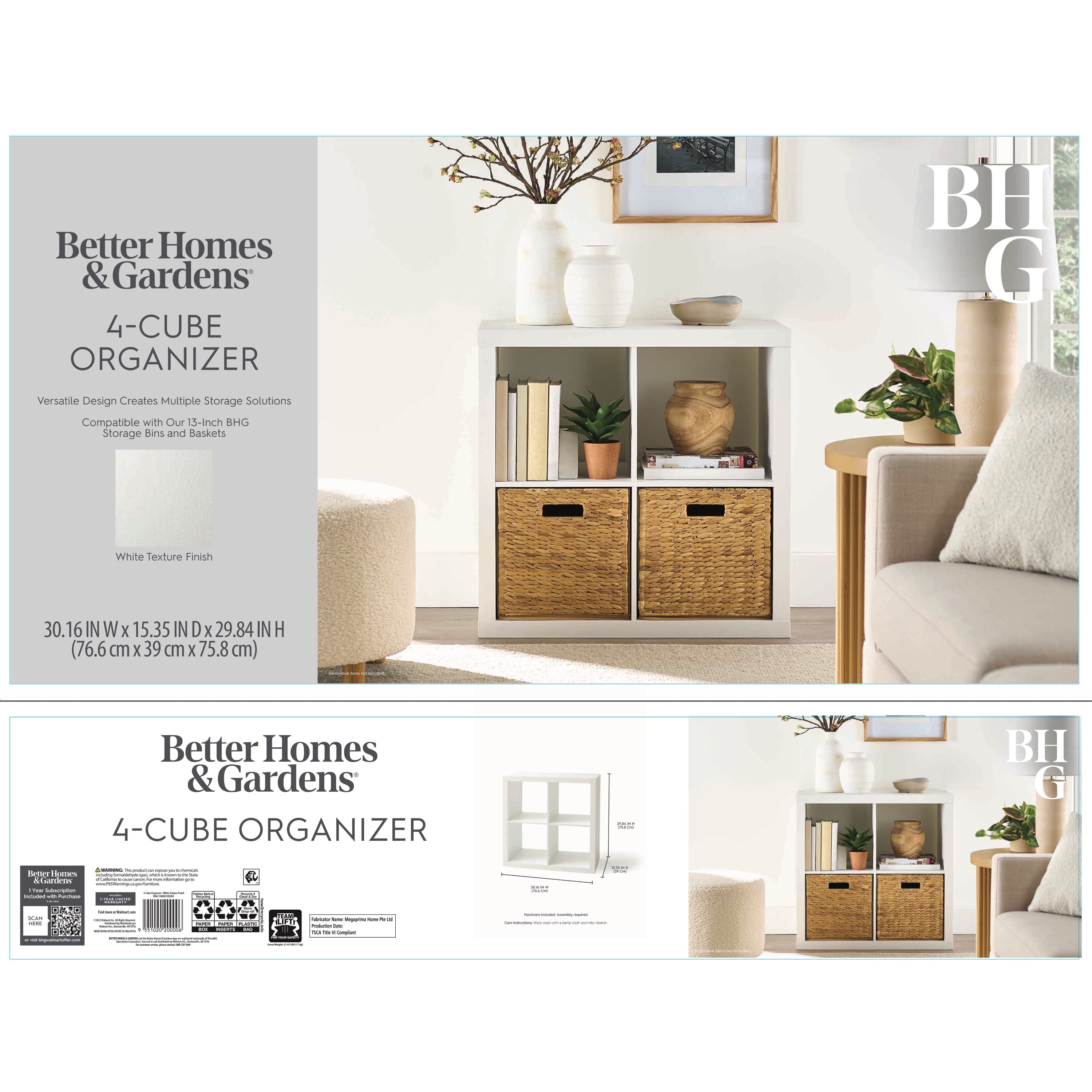Better Homes &amp; Gardens 4 Cube Storage Organizer, White Texture