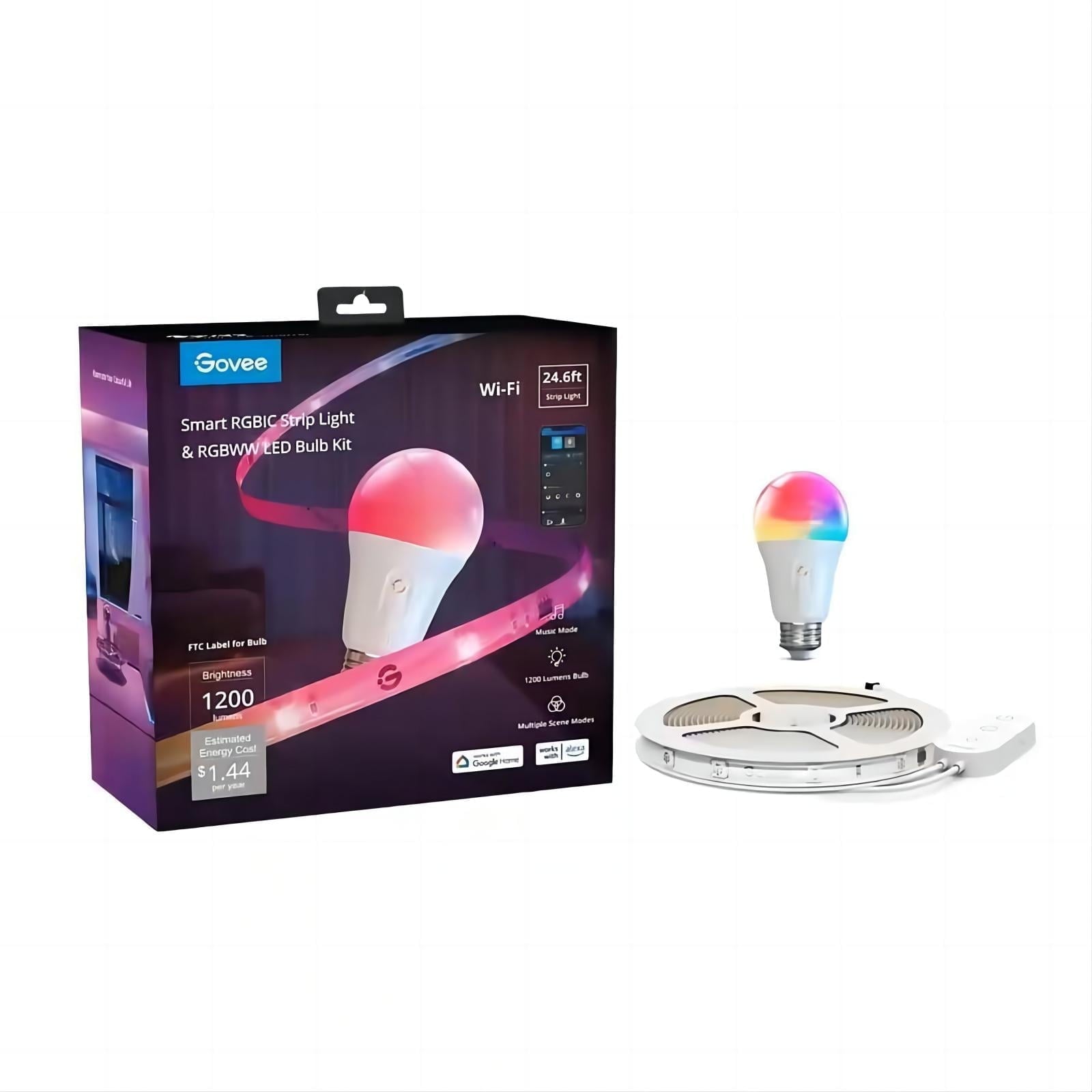 24.6' Wi-Fi RGBIC Strip Light with A19 Wi-Fi 1200LM RGBWW LED Smart Light Bulb, Dimmable, Color Changing, 85W Equivalent Bulbs