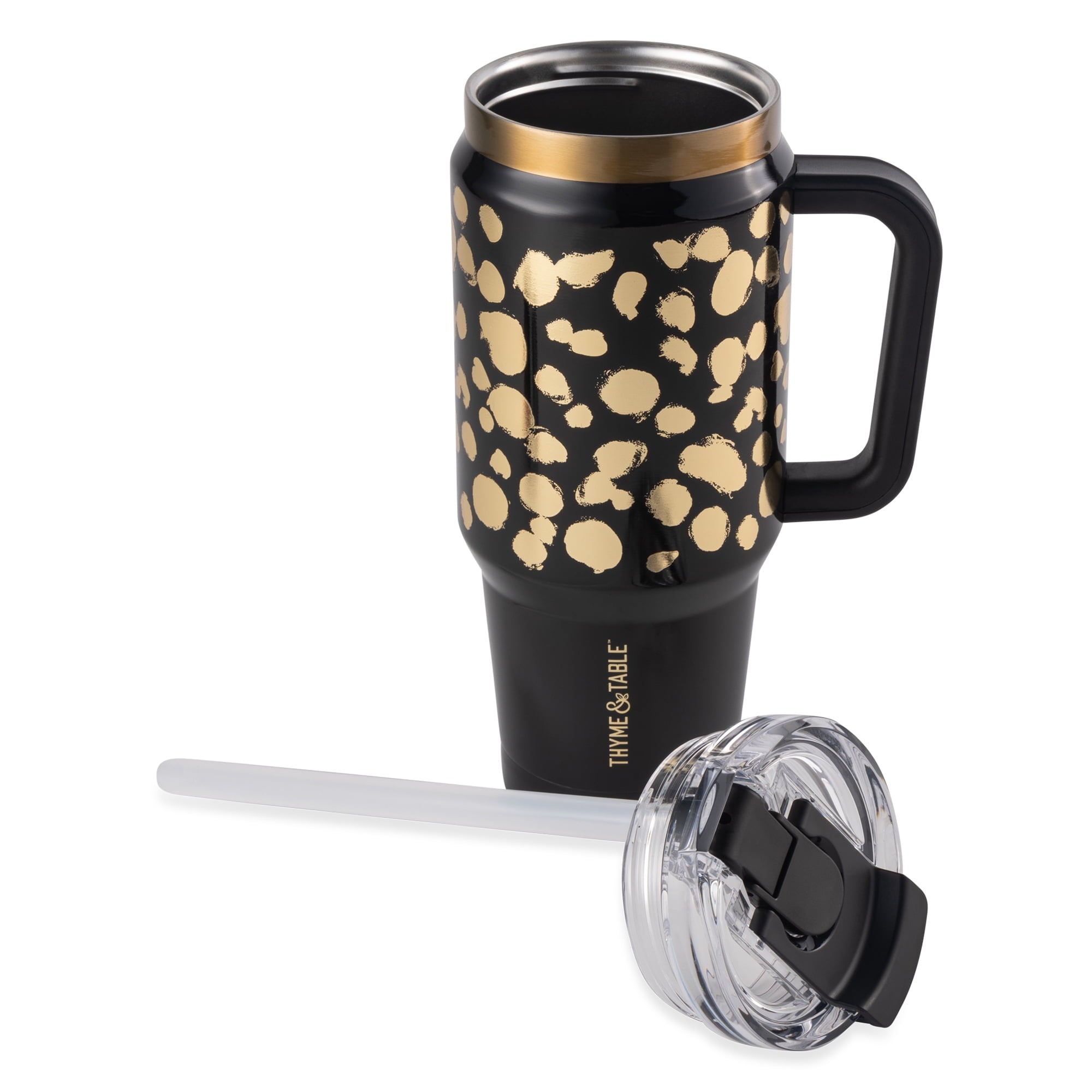 Thyme &amp; Table 32 fl oz Stainless Steel Luna Tumbler with Handle and Dual Straw Lid, Cream &amp; Black Check