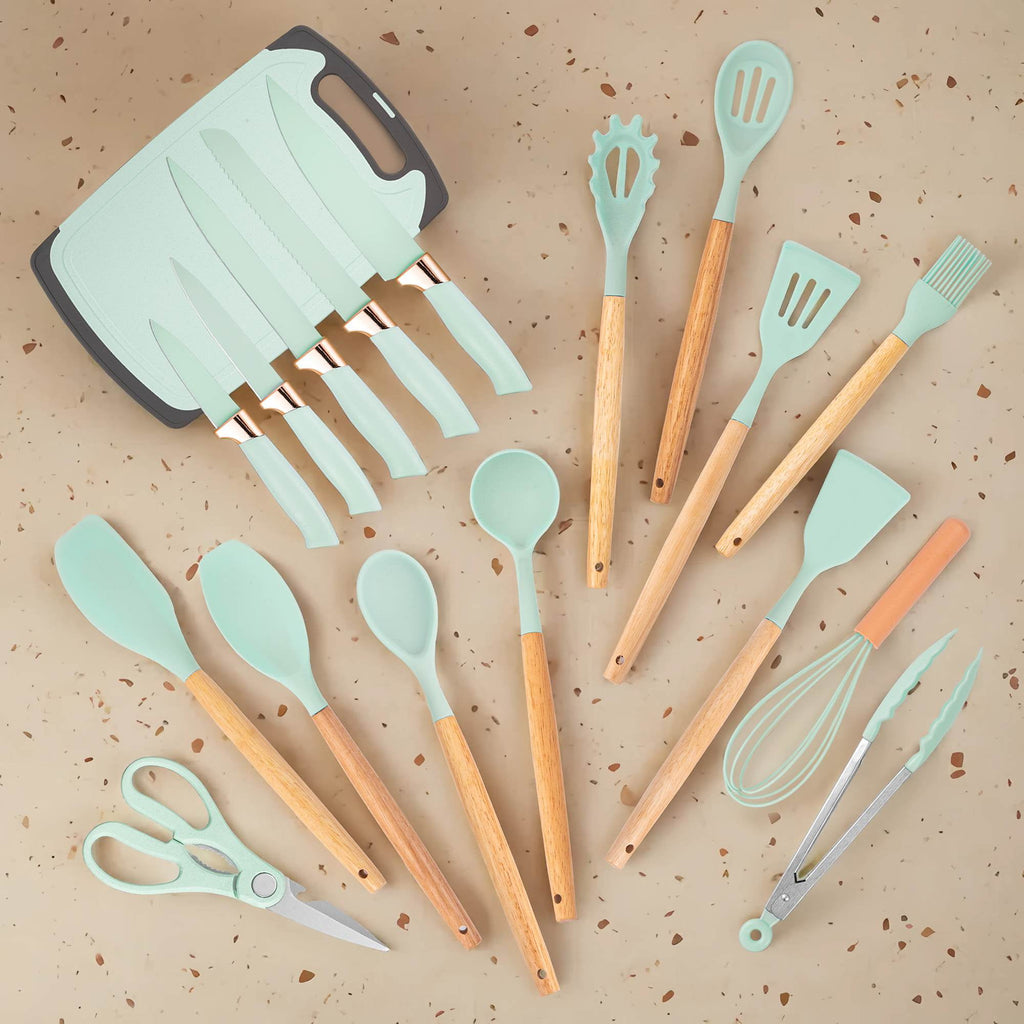 19-Piece Silicone Kitchen Utensil &amp; Knife Set - Heat-Resistant Cooking Tools Non-Stick Safe Gift for Mom or Women Black