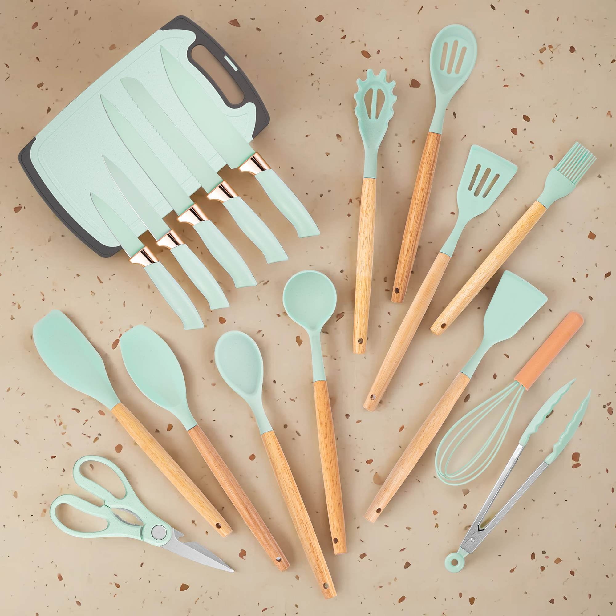 19-Piece Silicone Kitchen Utensil &amp; Knife Set - Heat-Resistant Cooking Tools Non-Stick Safe Gift for Mom or Women Black