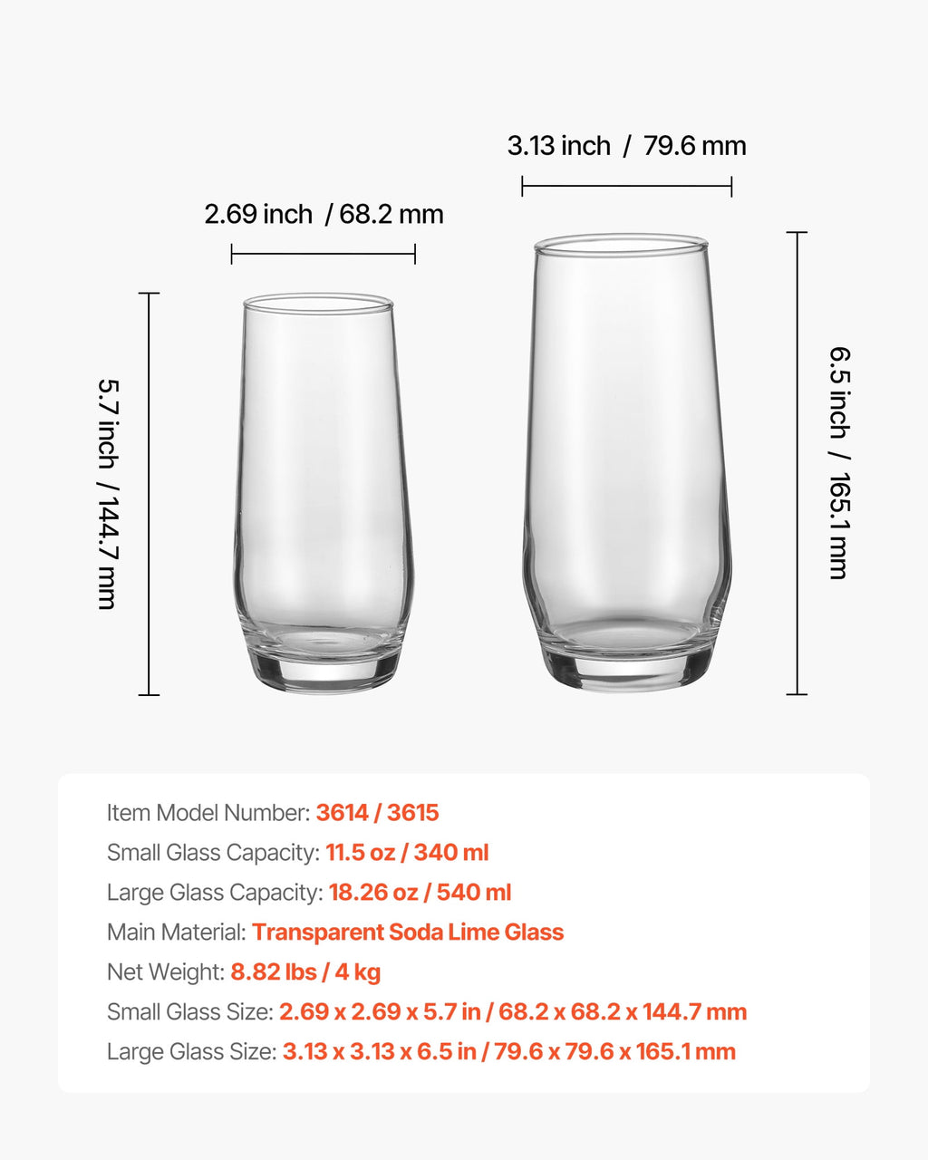 VEVOR Drinking Glasses Set, 16-Piece Crystal Glass Cups, Elegant Mixed Glassware Set, with 8 Pcs 18.26 Oz Highball and 8 Pcs 11.5 Oz Cocktail Drinkware for Kitchen, Beer,Smoothie,Juice,Soda,Wine
