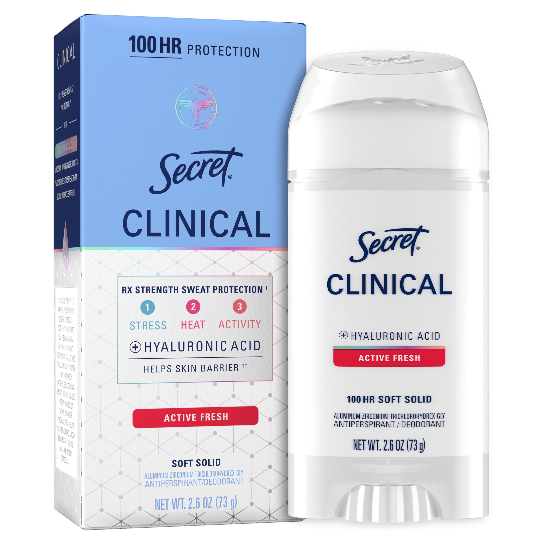 Clinical Antiperspirant Deodorant for Women, 100HR Sweat &amp; Odor Protection, Hyaluronic Acid, Soft Solid, Active Fresh, 2.6 oz